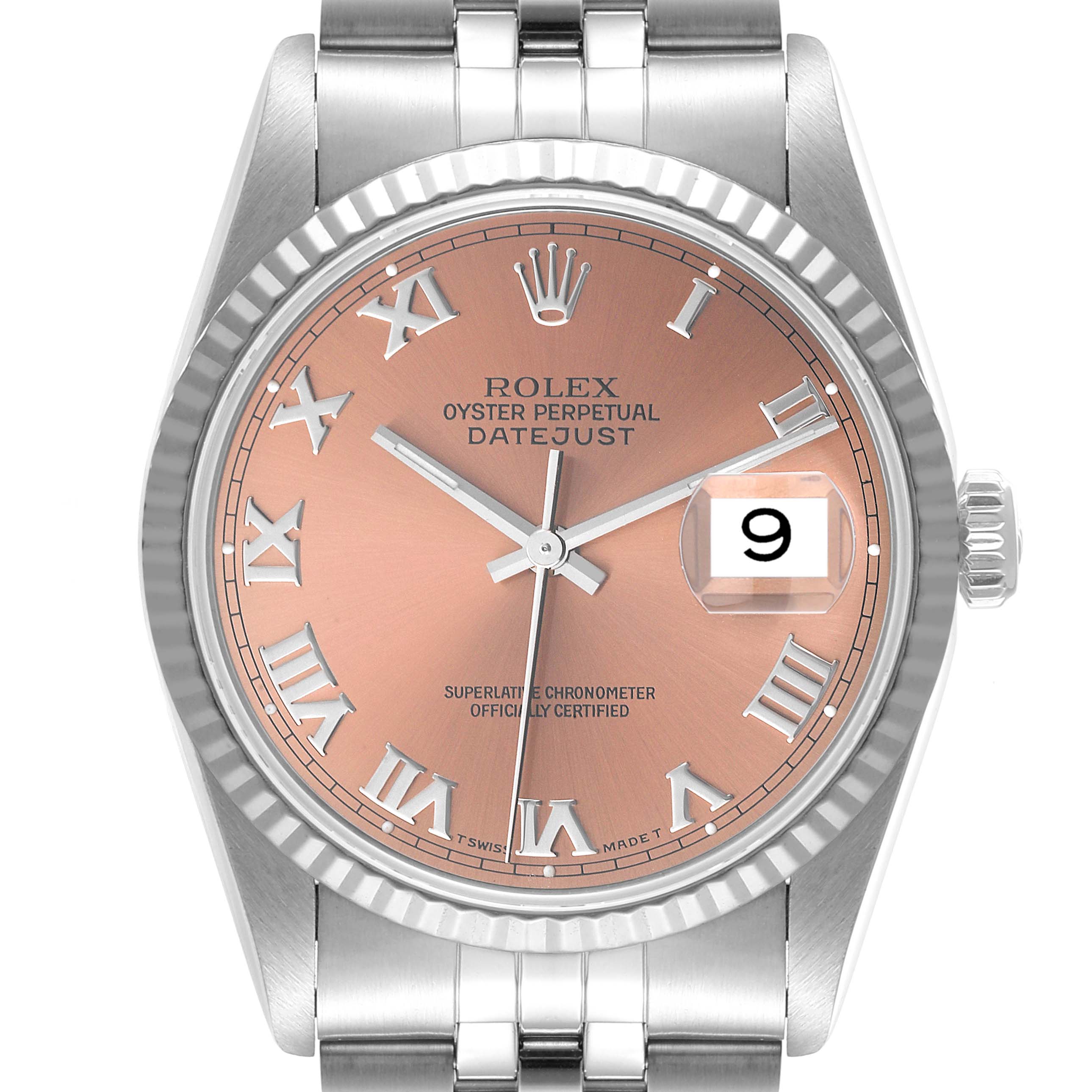 This is a front view of a Rolex Datejust 16234 Men's Stainless Steel Pink Dial 16234 Men's Stainless Steel Pink Dial watch showcasing its dial, bezel, and part of the bracelet.