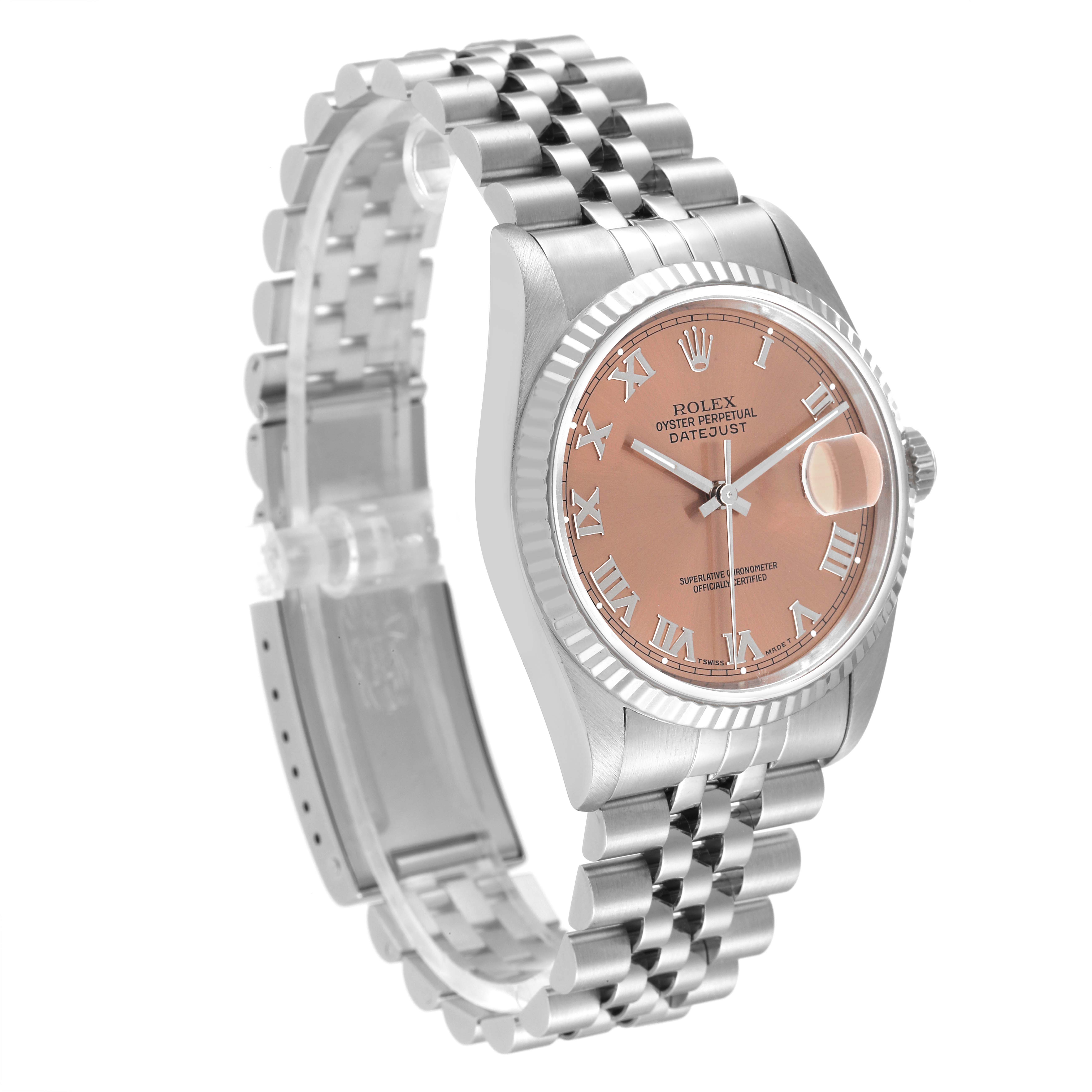 This image shows a Rolex Datejust 16234 Men's Stainless Steel Pink Dial 16234 Men's Stainless Steel Pink Dial watch at an angle, highlighting its face, bezel, and bracelet.