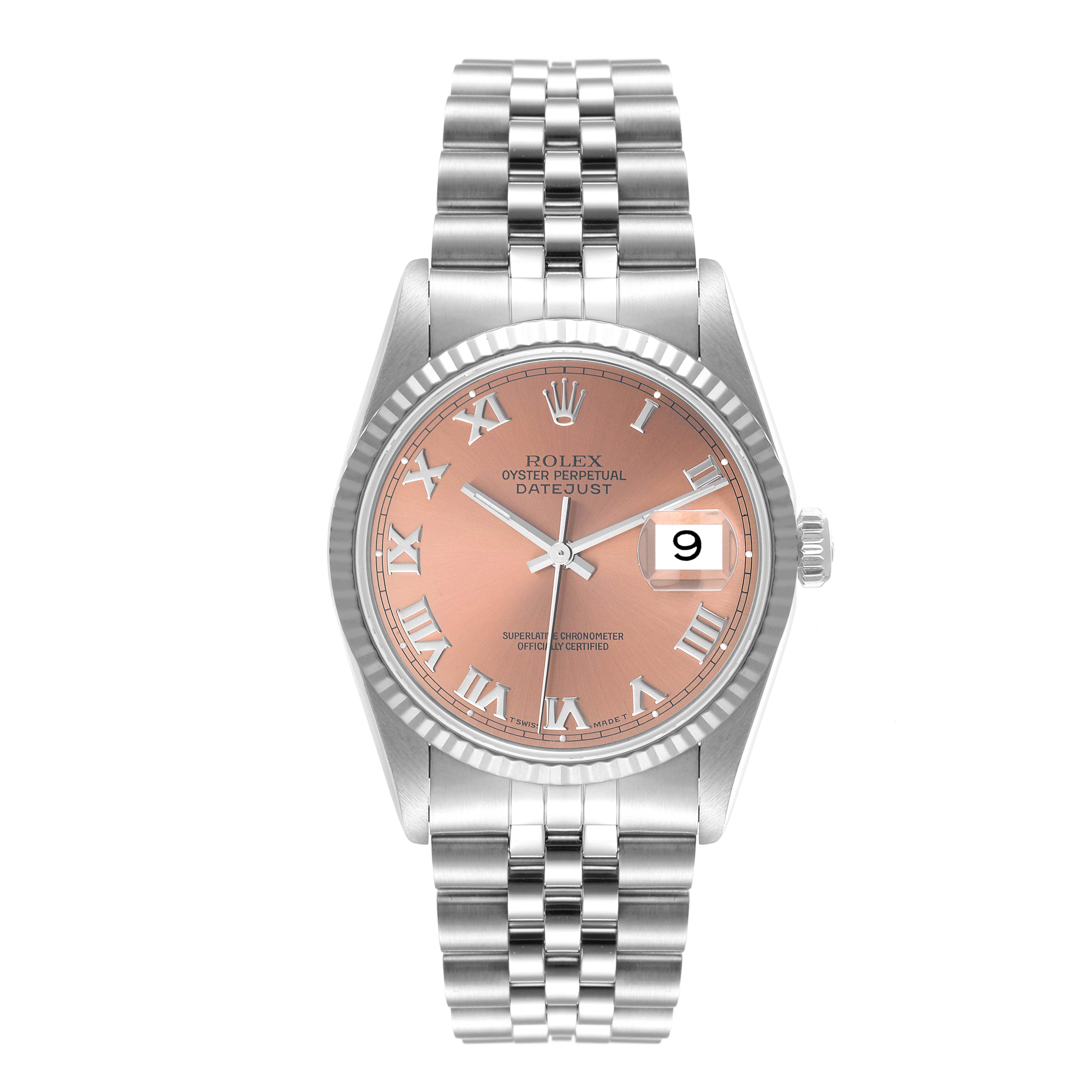 The Rolex Datejust 16234 Men's Stainless Steel Pink Dial 16234 Men's Stainless Steel Pink Dial watch is shown from a front view, displaying its dial, bezel, and full bracelet.
