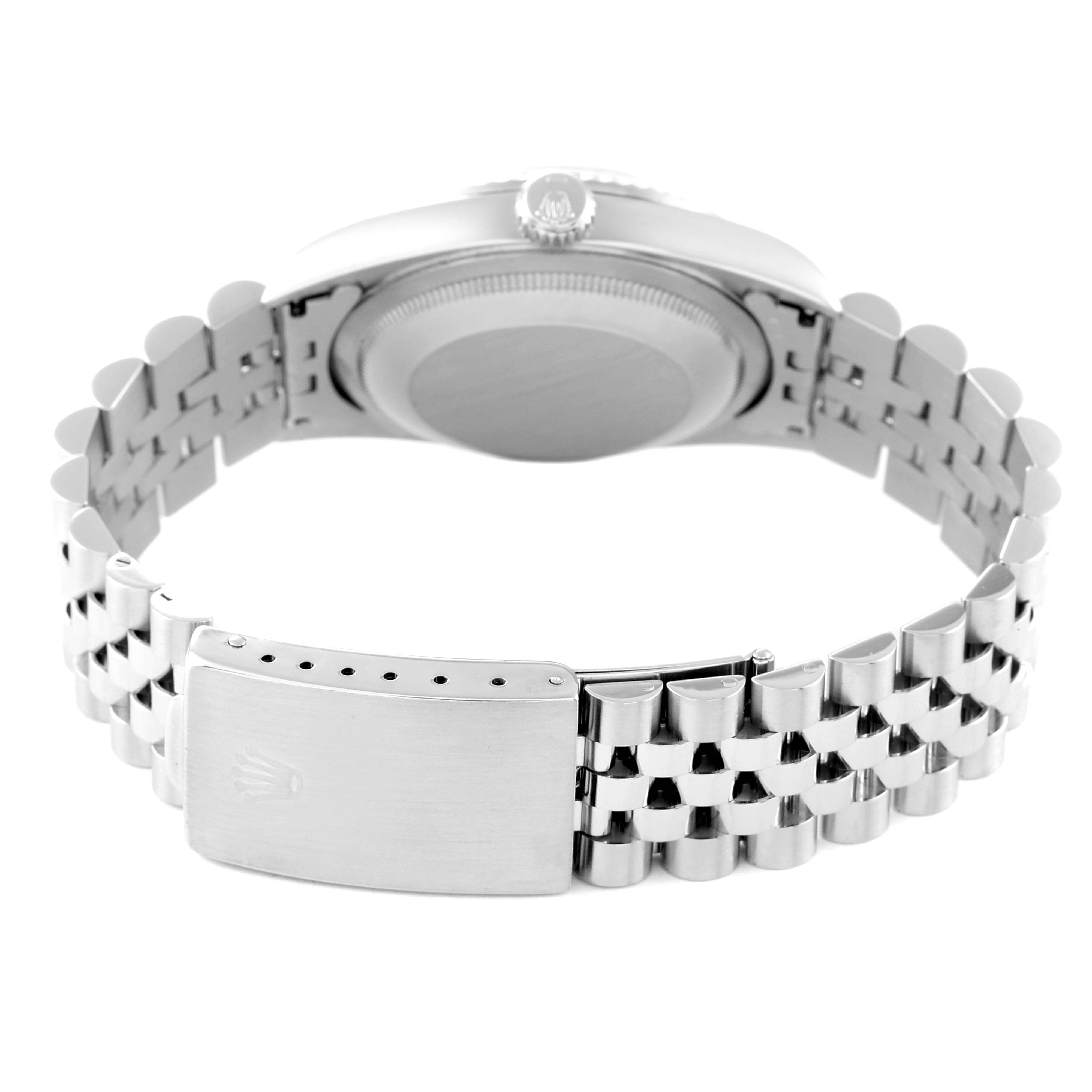 This image shows the back case and bracelet clasp of a Rolex Datejust 16234 Men's Stainless Steel Pink Dial 16234 Men's Stainless Steel Pink Dial watch.