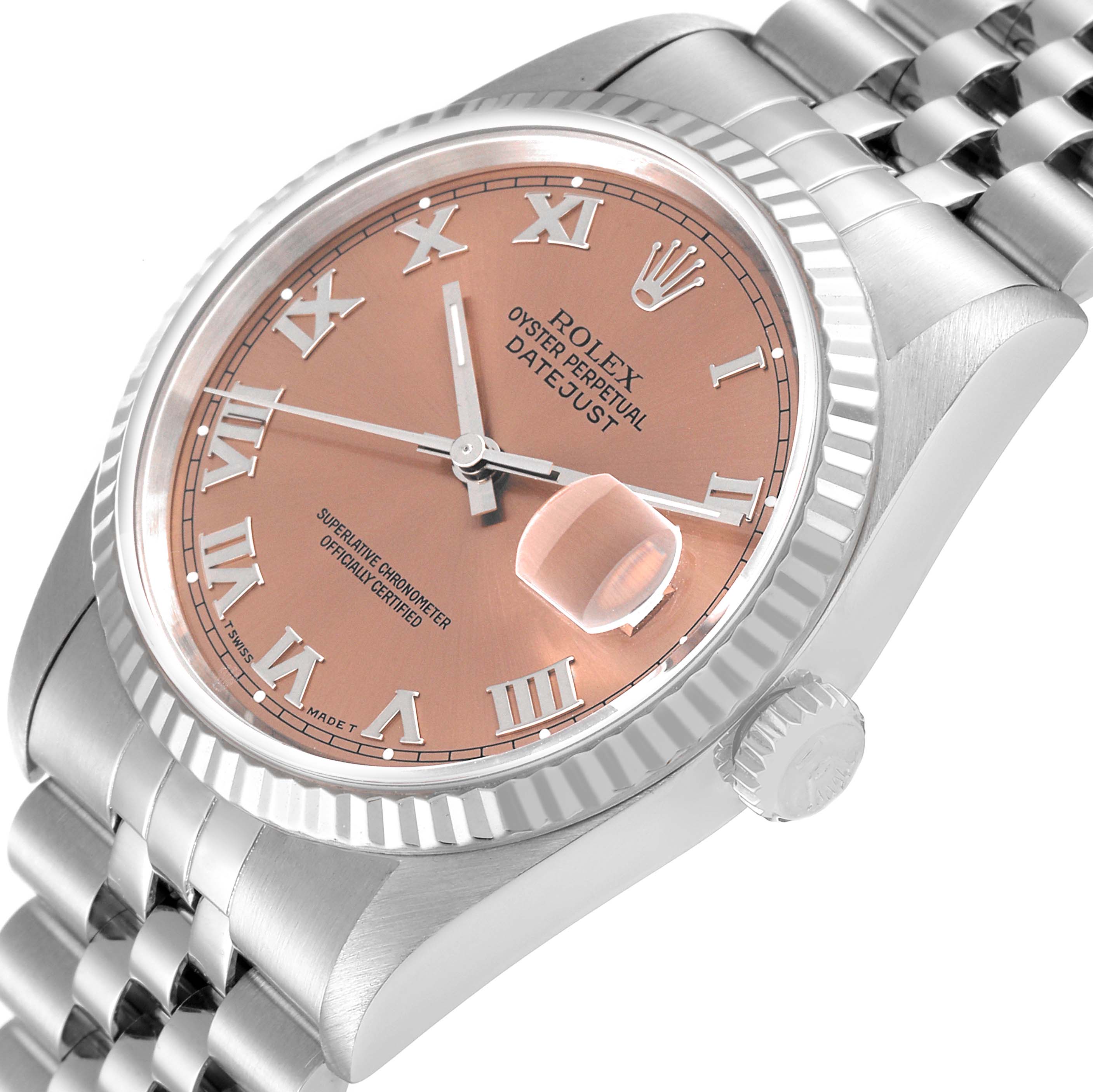 The image shows a close-up angled view of the case, crown, and bracelet of a Rolex Datejust 16234 Men's Stainless Steel Pink Dial 16234 Men's Stainless Steel Pink Dial watch with a pink dial.