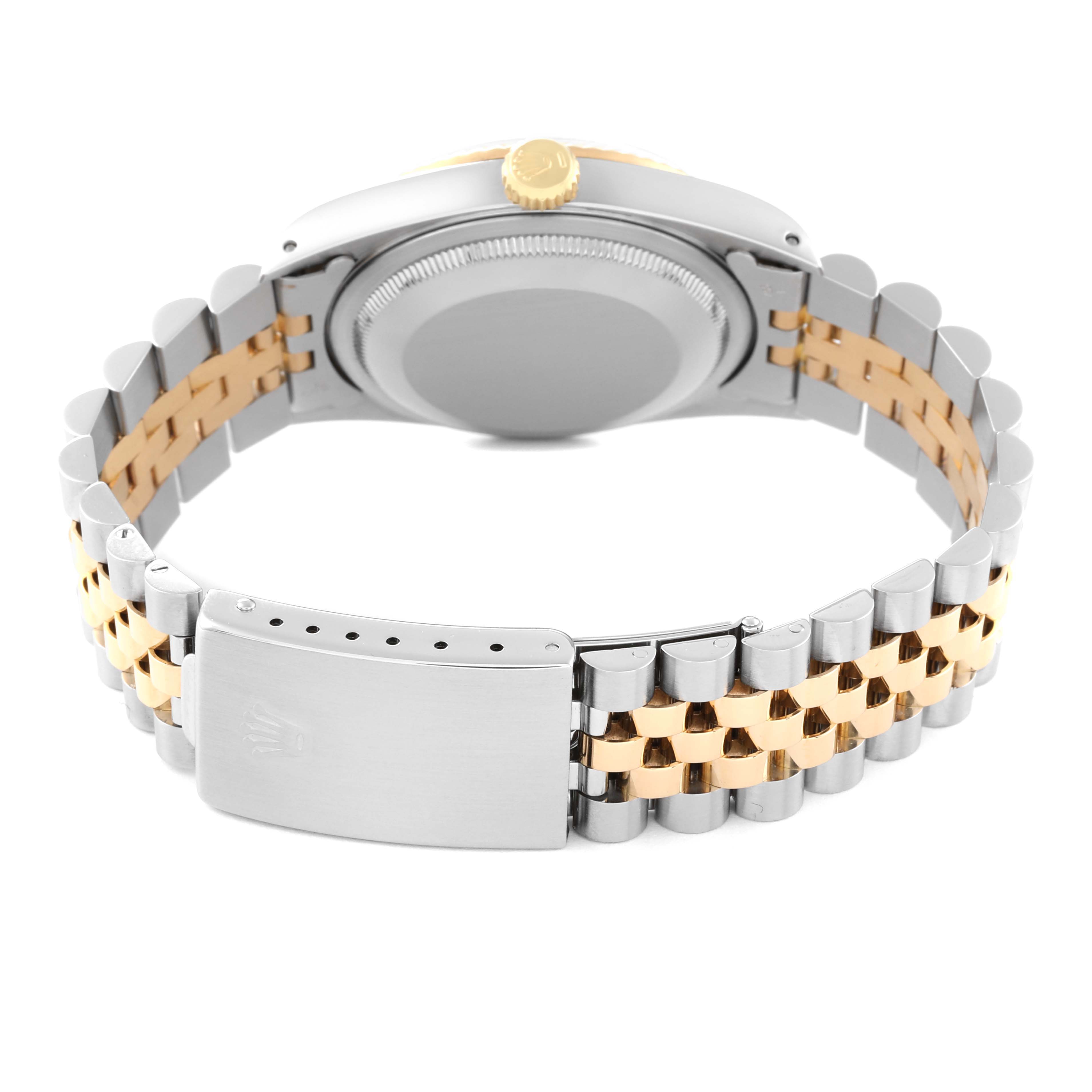 This image shows the back view of a Rolex Datejust 16233 Men's Steel and Gold (two tone) Blue Dial 16233 Men's Steel and Gold (two tone) Blue Dial, highlighting the case back and Jubilee bracelet.