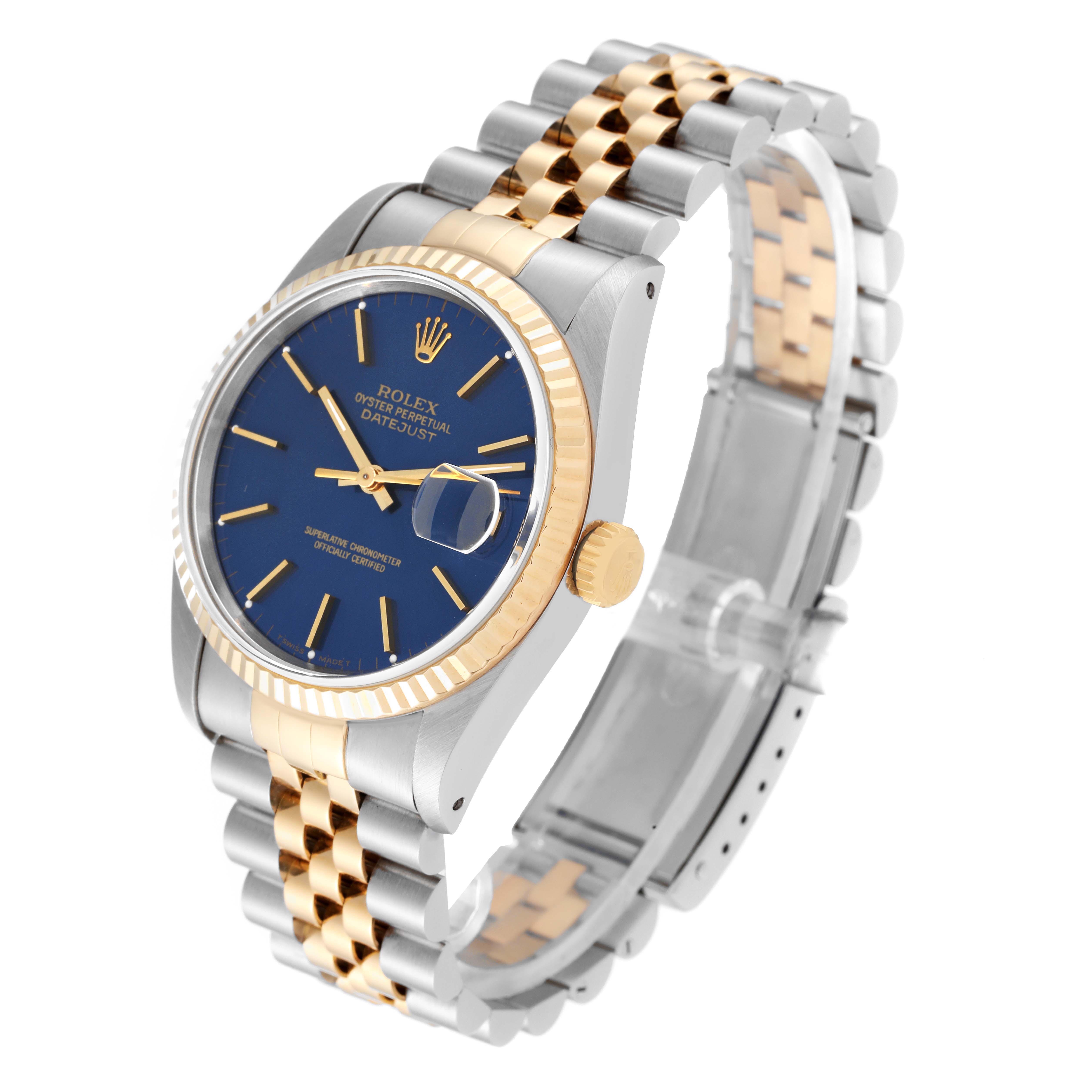 This Rolex Datejust 16233 Men's Steel and Gold (two tone) Blue Dial 16233 Men's Steel and Gold (two tone) Blue Dial watch is shown at an angle displaying the face, bezel, crown, and bracelet.
