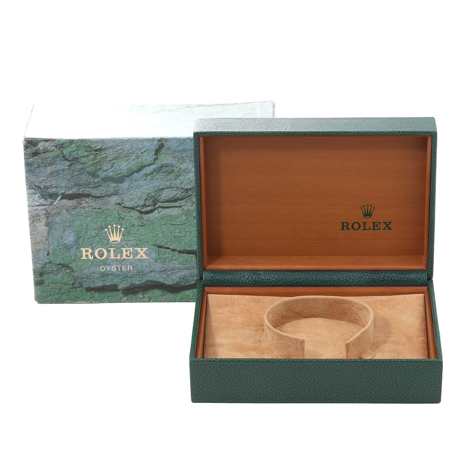 The image shows an open Rolex Datejust 16233 Men's Steel and Gold (two tone) Blue Dial 16233 Men's Steel and Gold (two tone) Blue Dial watch box with the outer packaging and interior insert without the watch.