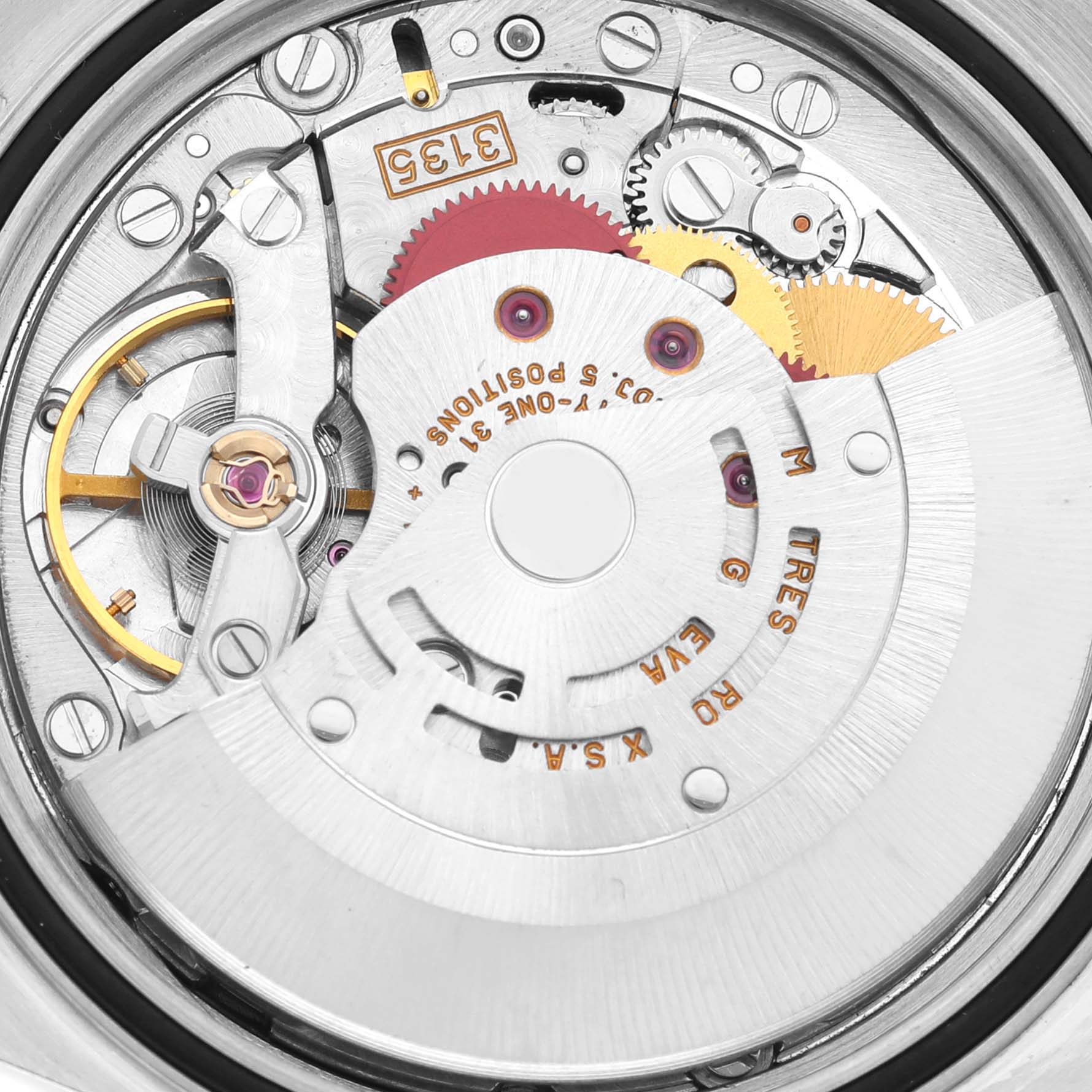 This image shows the internal mechanism of the Rolex Datejust 16233 Men's Steel and Gold (two tone) Blue Dial 16233 Men's Steel and Gold (two tone) Blue Dial watch, focusing on the movement components.