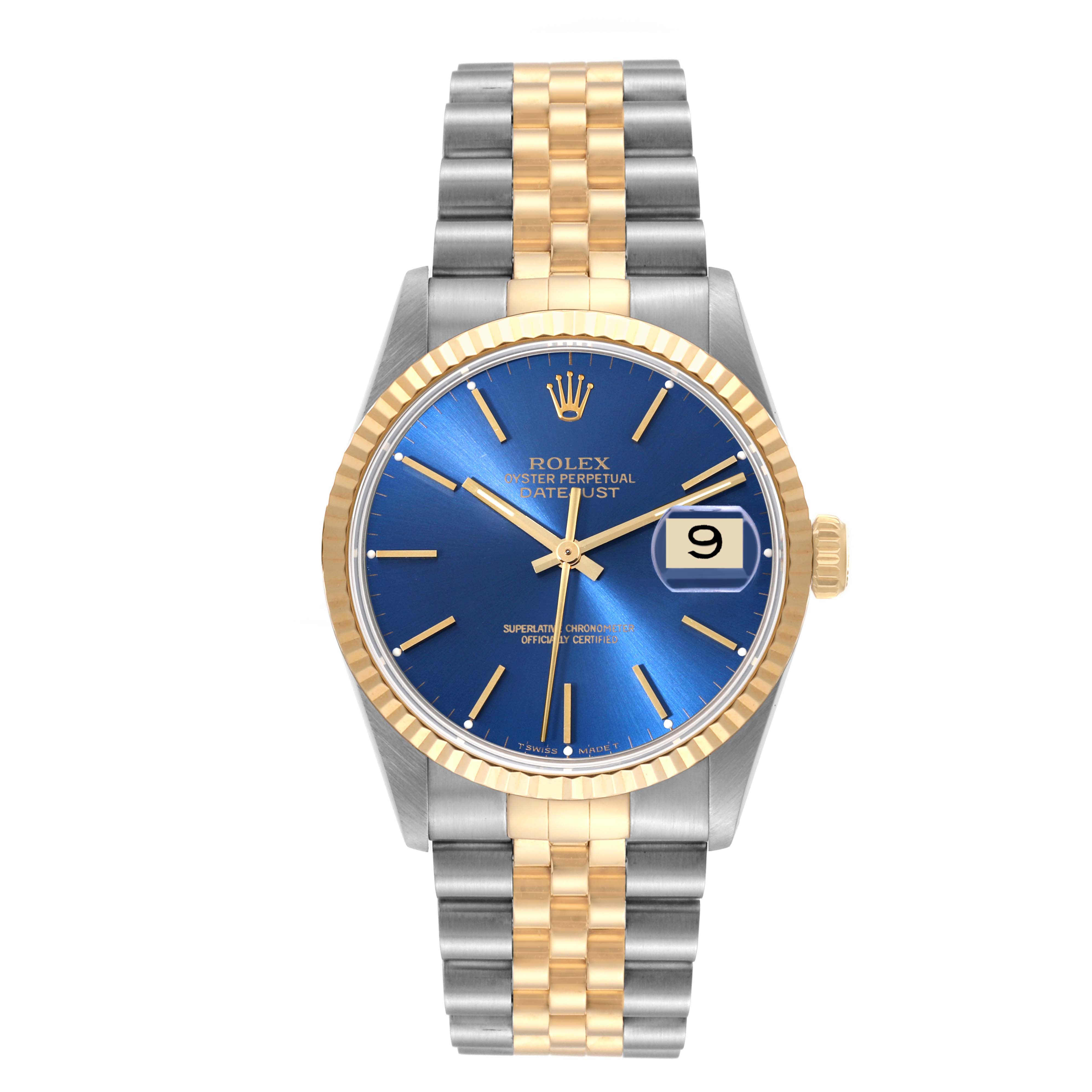 This Rolex Datejust 16233 Men's Steel and Gold (two tone) Blue Dial 16233 Men's Steel and Gold (two tone) Blue Dial watch is shown from a front angle, displaying its blue dial, date window, gold bezel, and two-tone bracelet.
