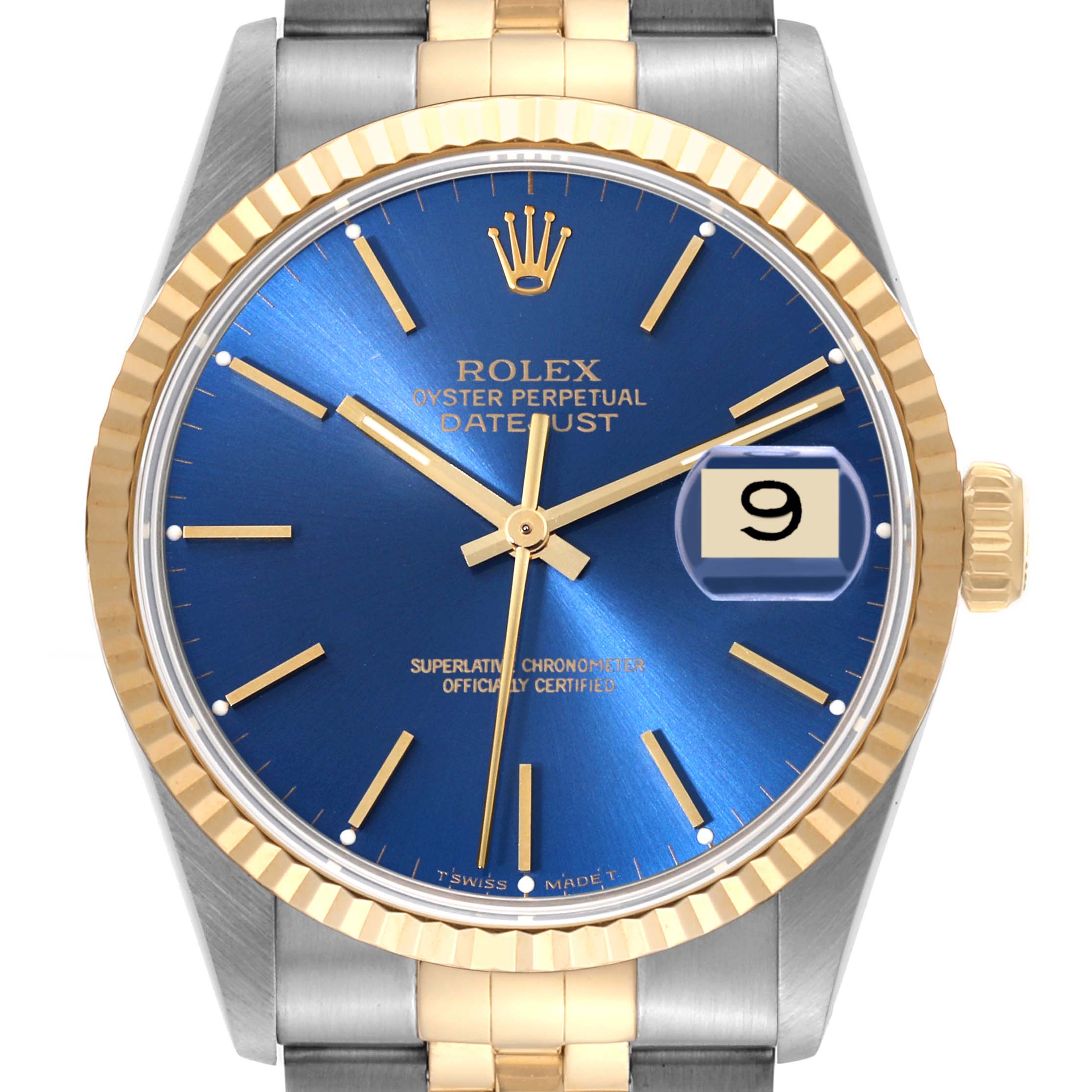 This image shows a front view of a Rolex Datejust 16233 Men's Steel and Gold (two tone) Blue Dial 16233 Men's Steel and Gold (two tone) Blue Dial watch featuring a blue dial, a gold bezel, and a two-tone bracelet.
