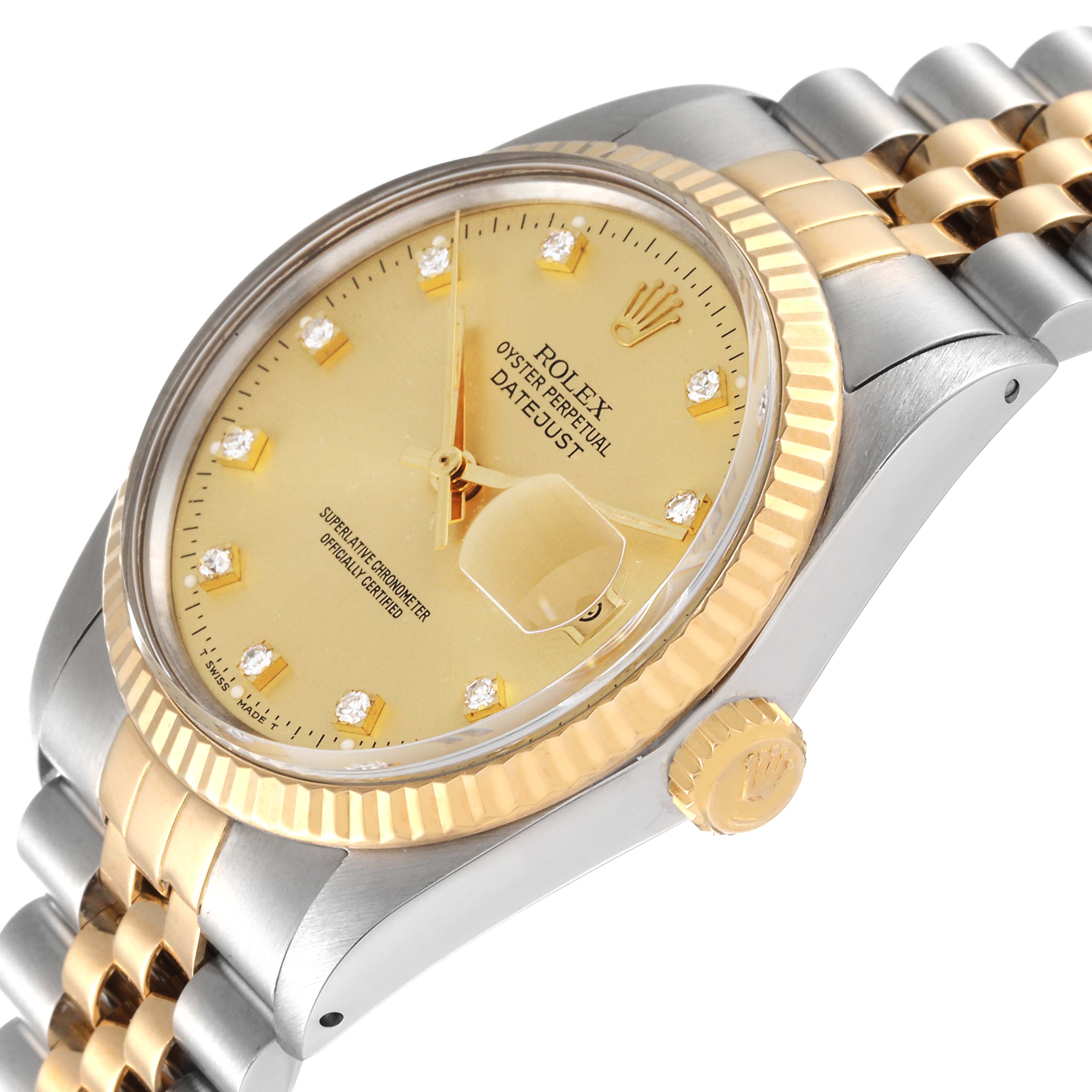 The image shows a side angle of the Rolex Datejust 16013 Men's Steel and Gold (two tone) Champagne Dial 16013 Men's Steel and Gold (two tone) Champagne Dial watch, highlighting its gold dial, fluted bezel, and two-tone bracelet.