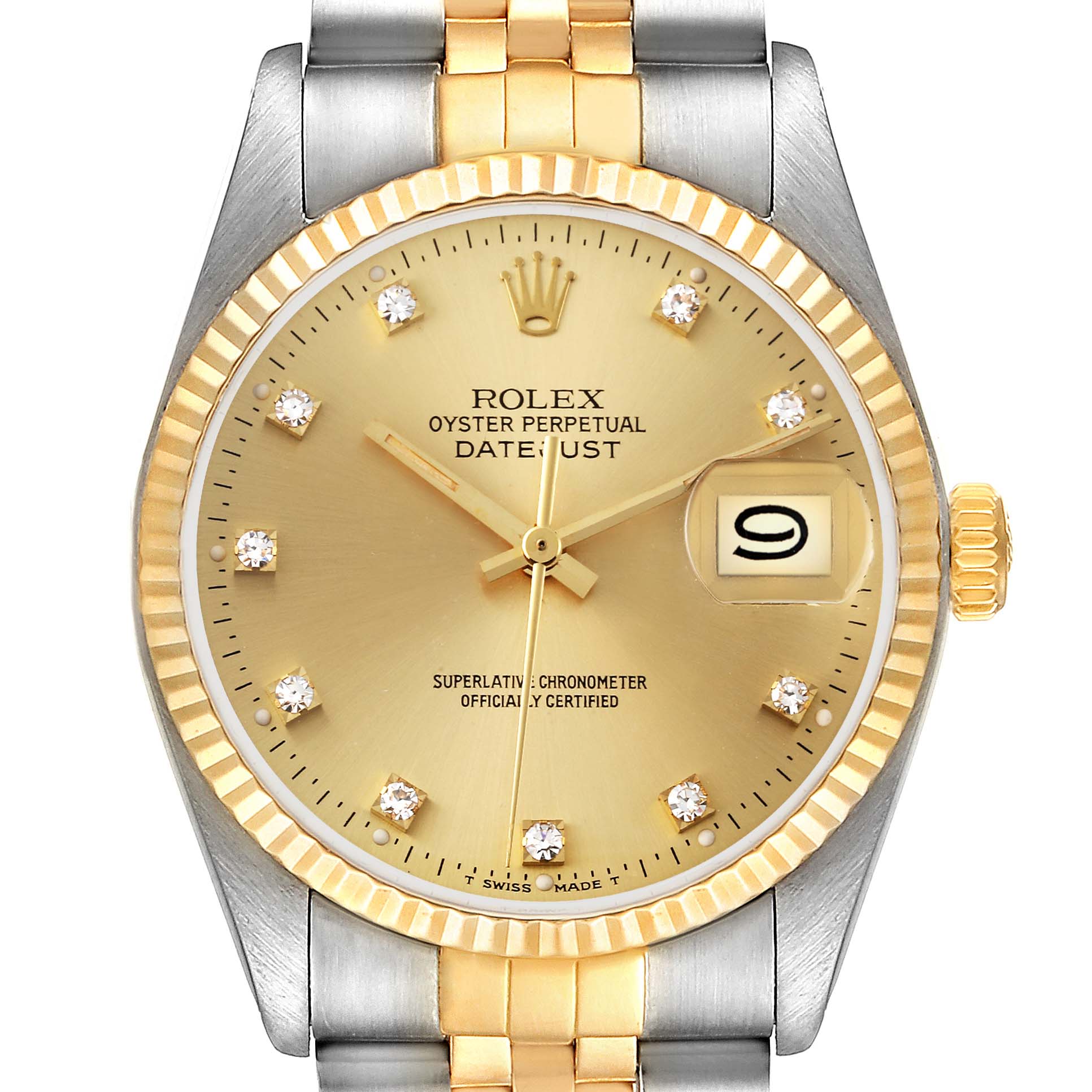 The image shows a front view of the Rolex Datejust 16013 Men's Steel and Gold (two tone) Champagne Dial 16013 Men's Steel and Gold (two tone) Champagne Dial watch, highlighting the dial, bezel, hands, and part of the bracelet.