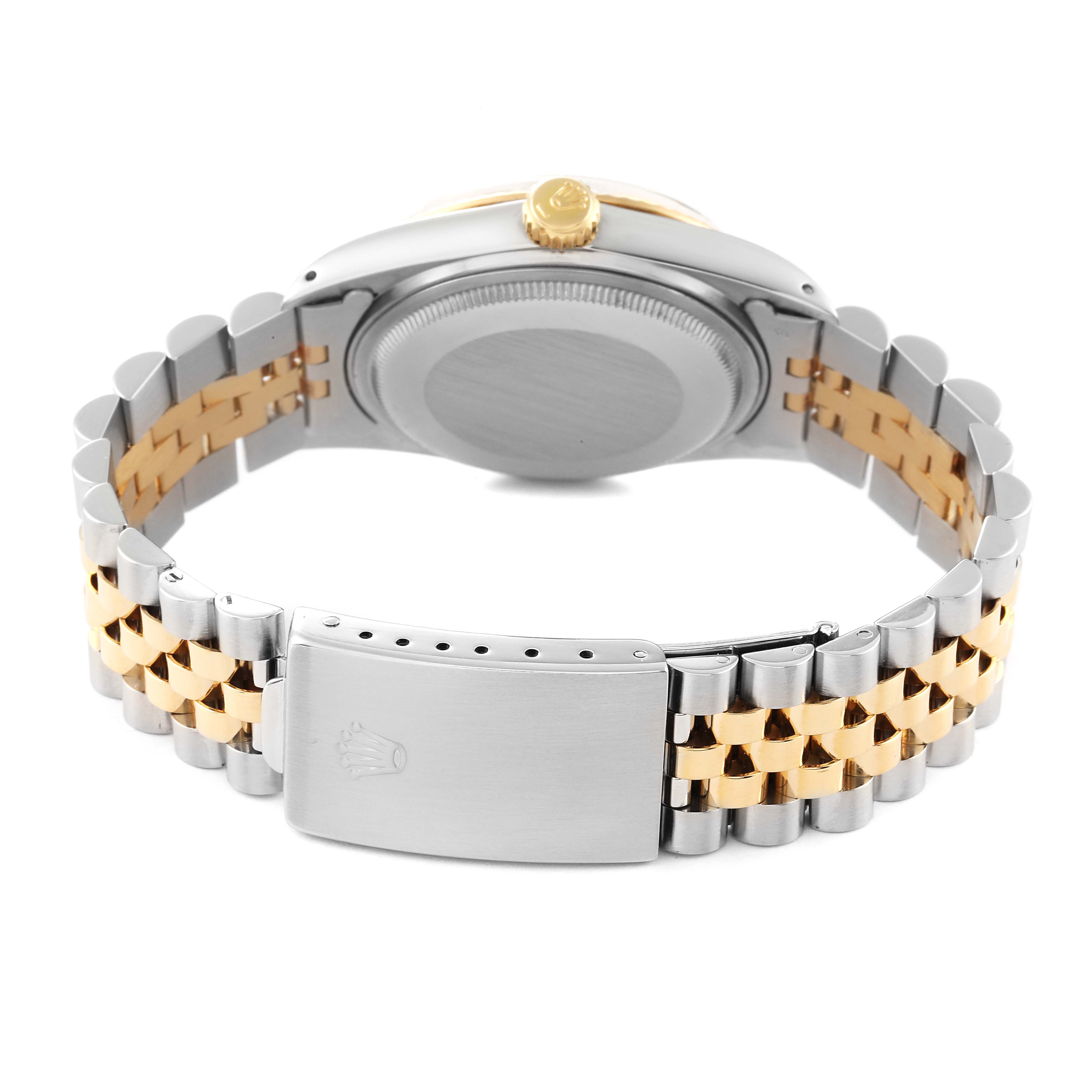 The image shows the back view of a Rolex Datejust 16013 Men's Steel and Gold (two tone) Champagne Dial 16013 Men's Steel and Gold (two tone) Champagne Dial watch, highlighting its two-tone bracelet and clasp.