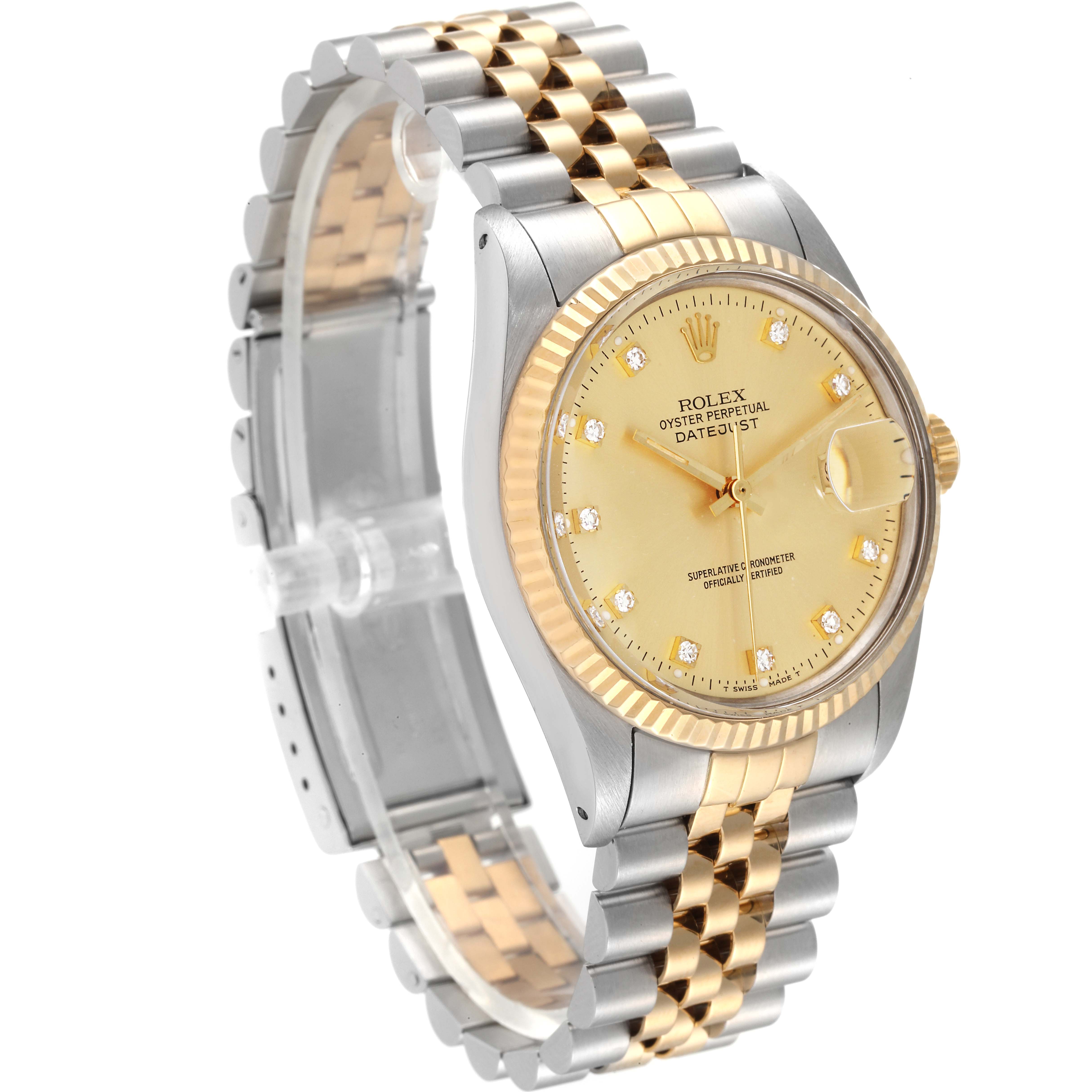 The image shows a Rolex Datejust 16013 Men's Steel and Gold (two tone) Champagne Dial 16013 Men's Steel and Gold (two tone) Champagne Dial watch at an angle highlighting its gold dial, jubilee bracelet, and fluted bezel.