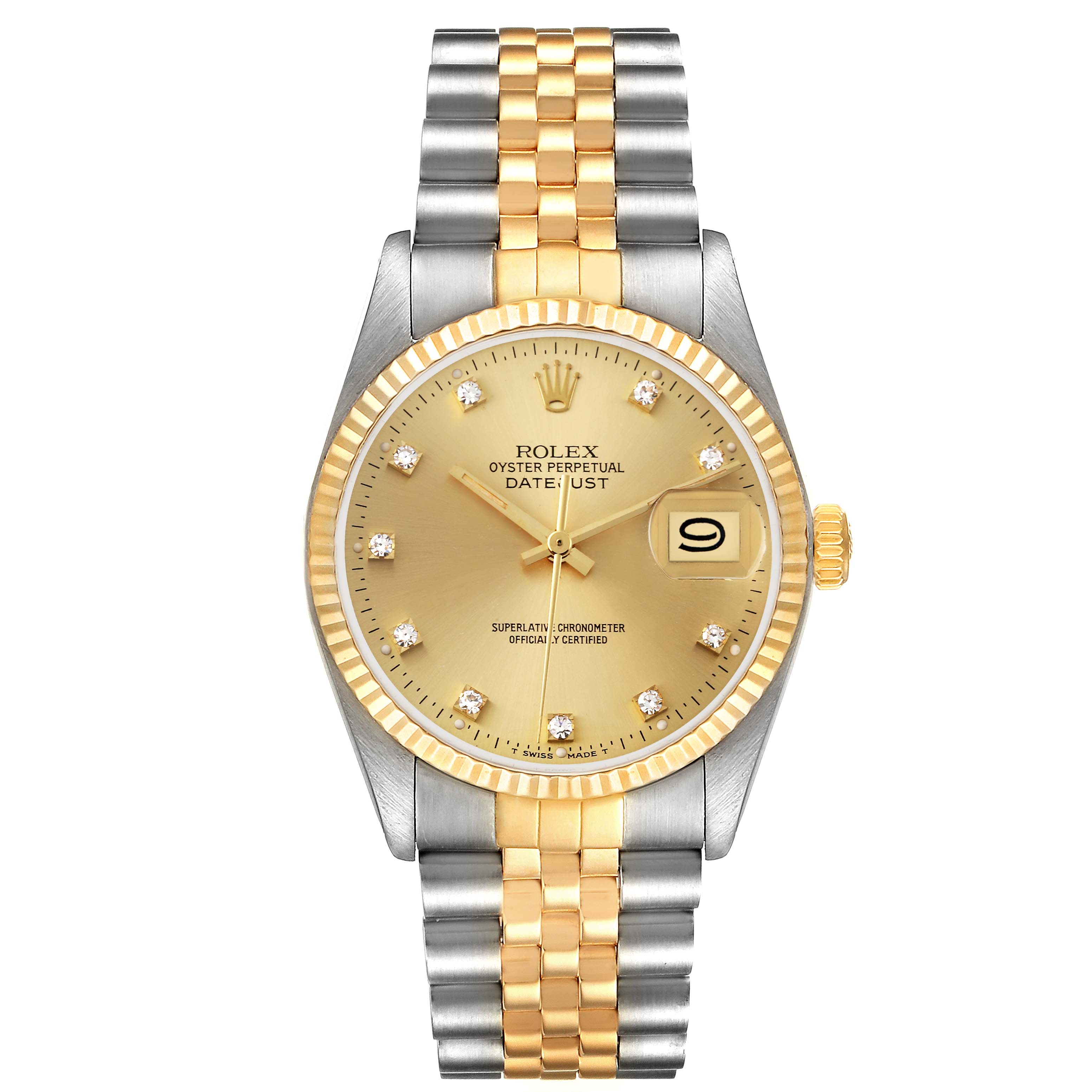 This Rolex Datejust 16013 Men's Steel and Gold (two tone) Champagne Dial 16013 Men's Steel and Gold (two tone) Champagne Dial watch is shown from a top-down angle, highlighting its gold dial, two-tone bracelet, and fluted bezel.