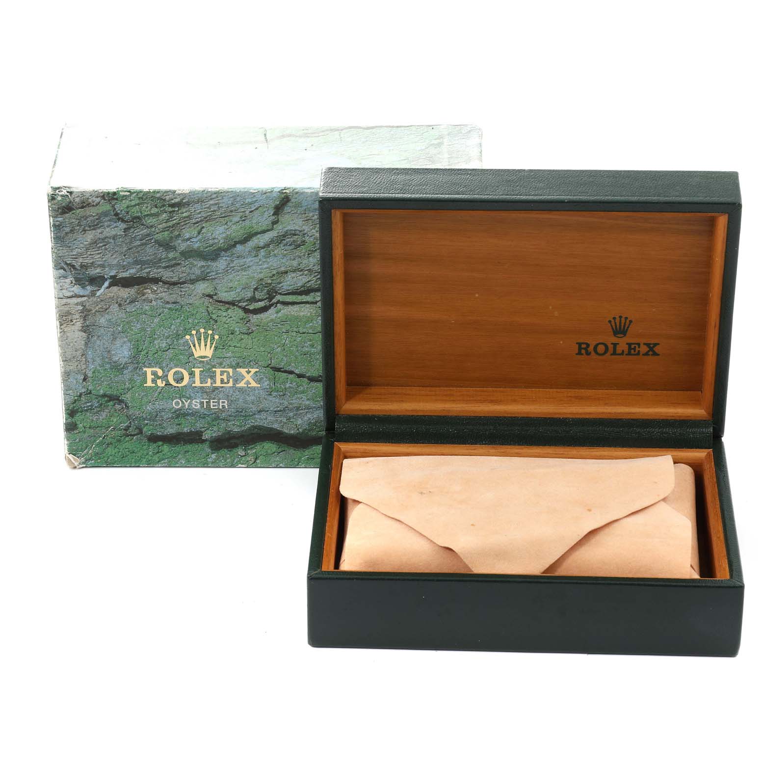 The image shows an opened Rolex Datejust 16013 Men's Steel and Gold (two tone) Champagne Dial 16013 Men's Steel and Gold (two tone) Champagne Dial watch box and its outer packaging from a straight-on angle.