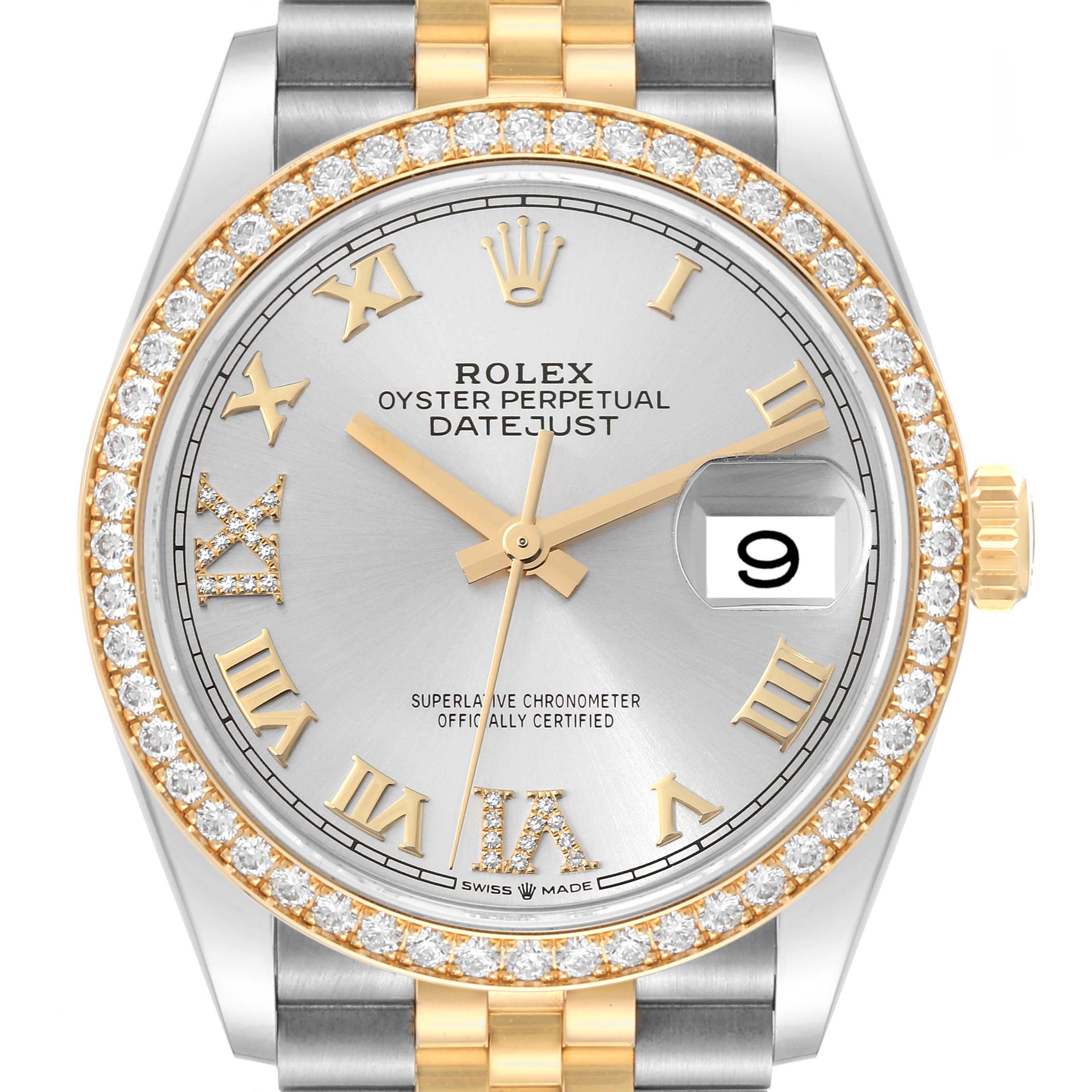 This image shows a front view of the Rolex Datejust 126283 Men's Steel and Gold (two tone) Silver Dial 126283 Men's Steel and Gold (two tone) Silver Dial watch, highlighting the dial, bezel, crown, and part of the bracelet.