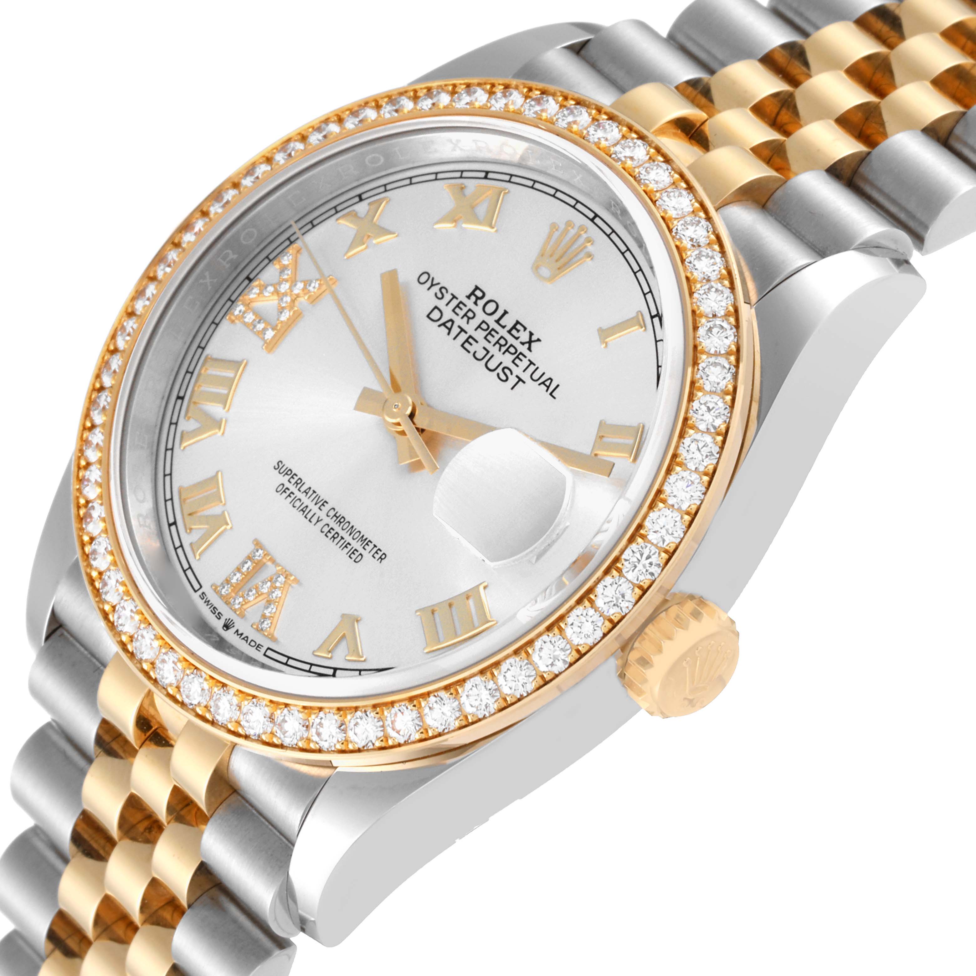 The image shows a Rolex Datejust 126283 Men's Steel and Gold (two tone) Silver Dial 126283 Men's Steel and Gold (two tone) Silver Dial watch at an angle highlighting the face, bezel, crown, and part of the bracelet.