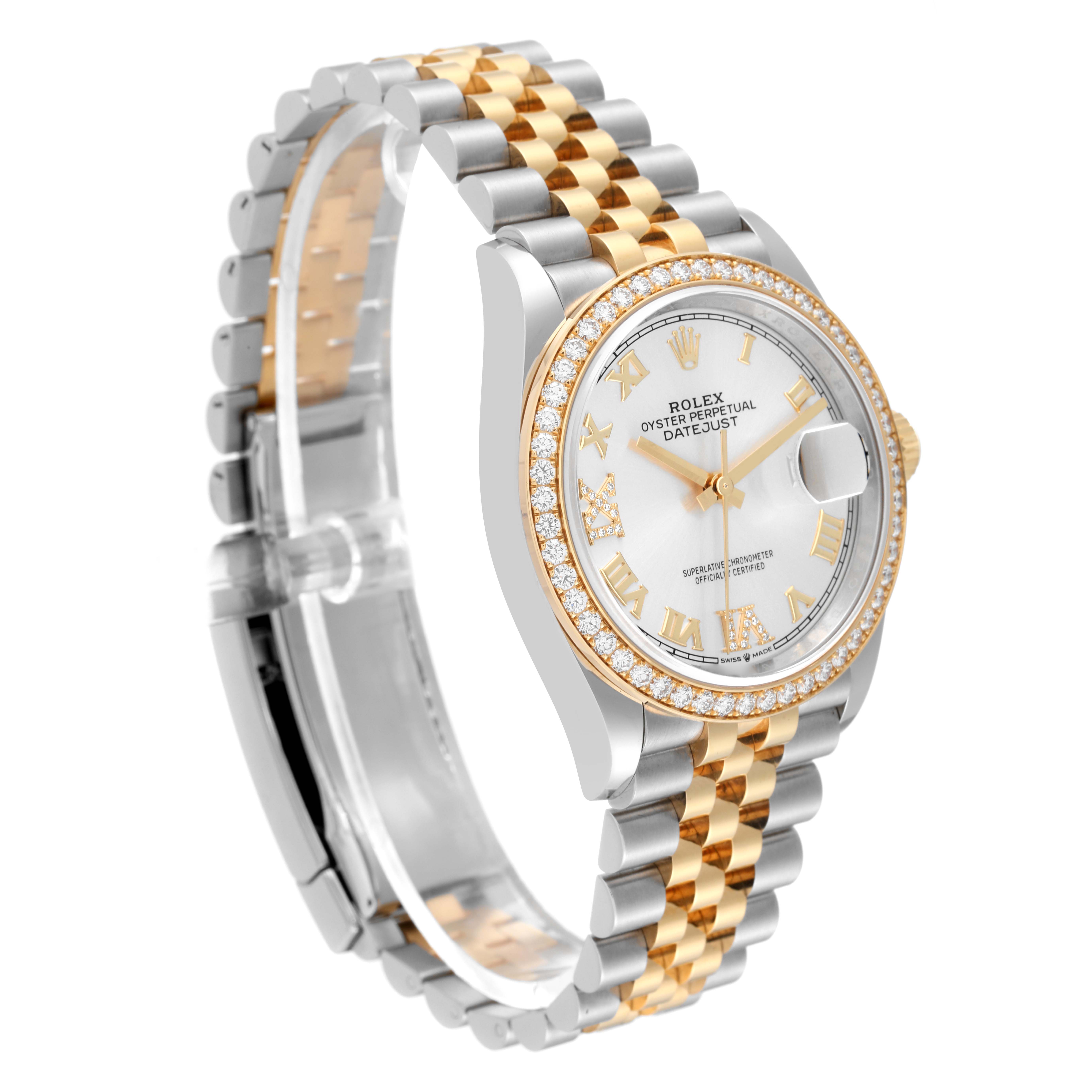 This image shows a side angle of the Rolex Datejust 126283 Men's Steel and Gold (two tone) Silver Dial 126283 Men's Steel and Gold (two tone) Silver Dial watch, highlighting its two-tone bracelet and diamond bezel.