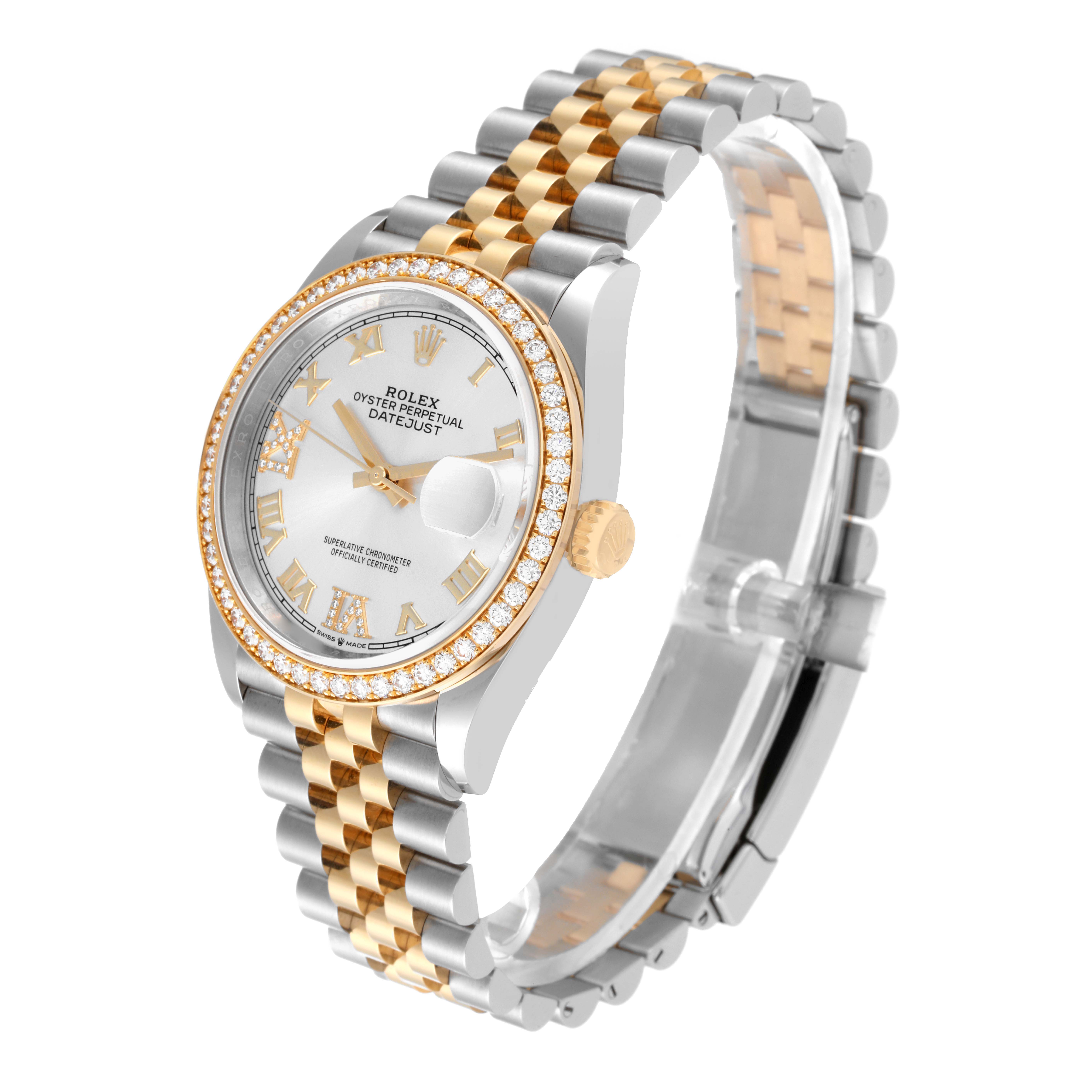 The Rolex Datejust 126283 Men's Steel and Gold (two tone) Silver Dial 126283 Men's Steel and Gold (two tone) Silver Dial watch is shown from a side angle, displaying its bezel, dial, crown, and two-tone bracelet.