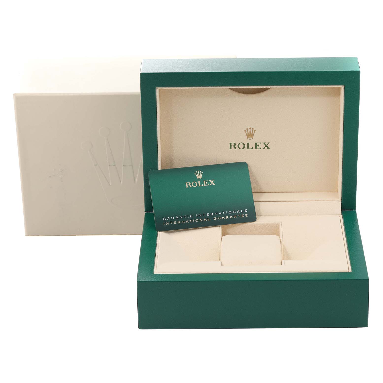 The image shows an open green Rolex Datejust 126283 Men's Steel and Gold (two tone) Silver Dial 126283 Men's Steel and Gold (two tone) Silver Dial watch box and an international guarantee card.