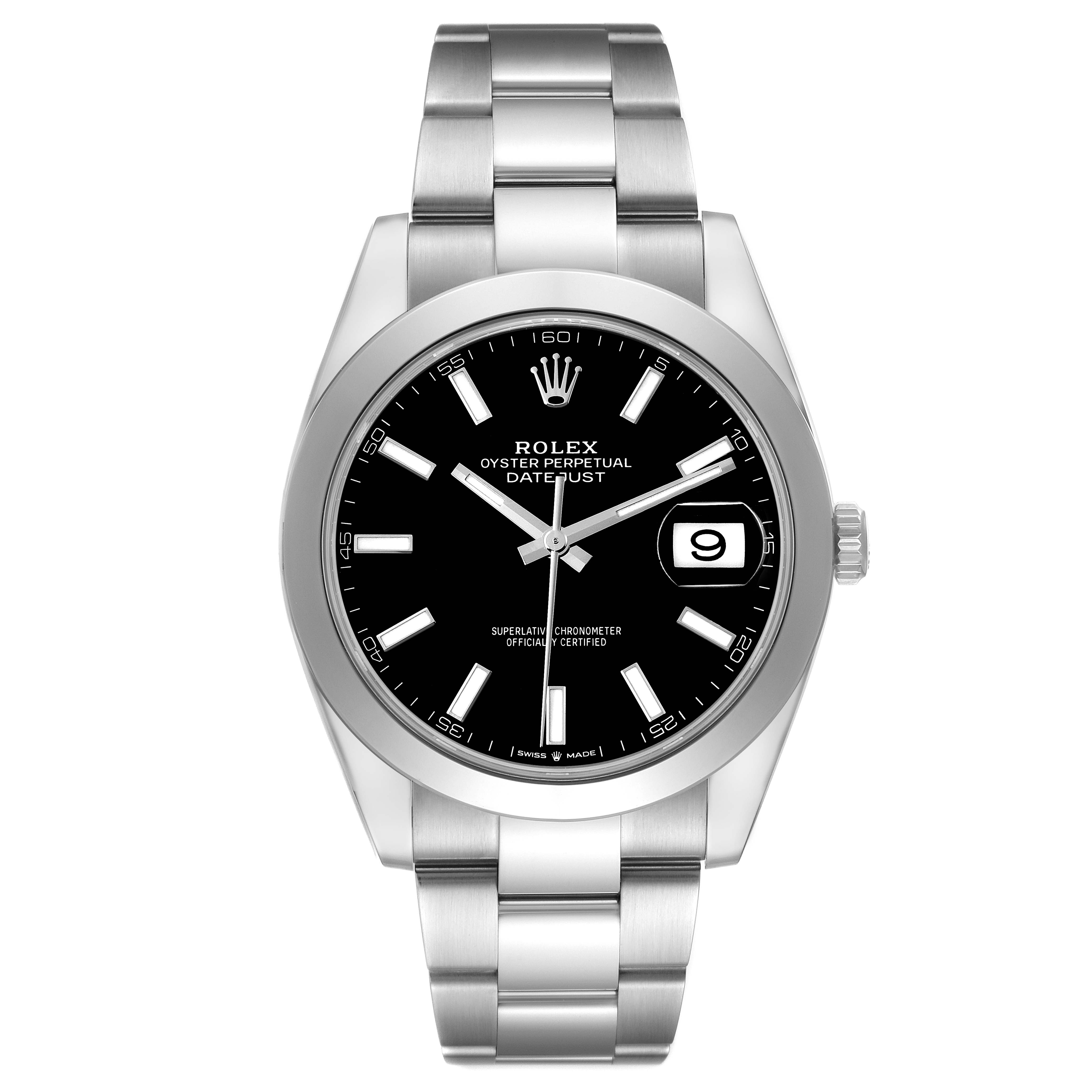 The Rolex Datejust 41 126300 Men's Stainless Steel Grey Dial 126300 Men's Stainless Steel Grey Dial is shown from the front, highlighting the dial, bezel, and bracelet.