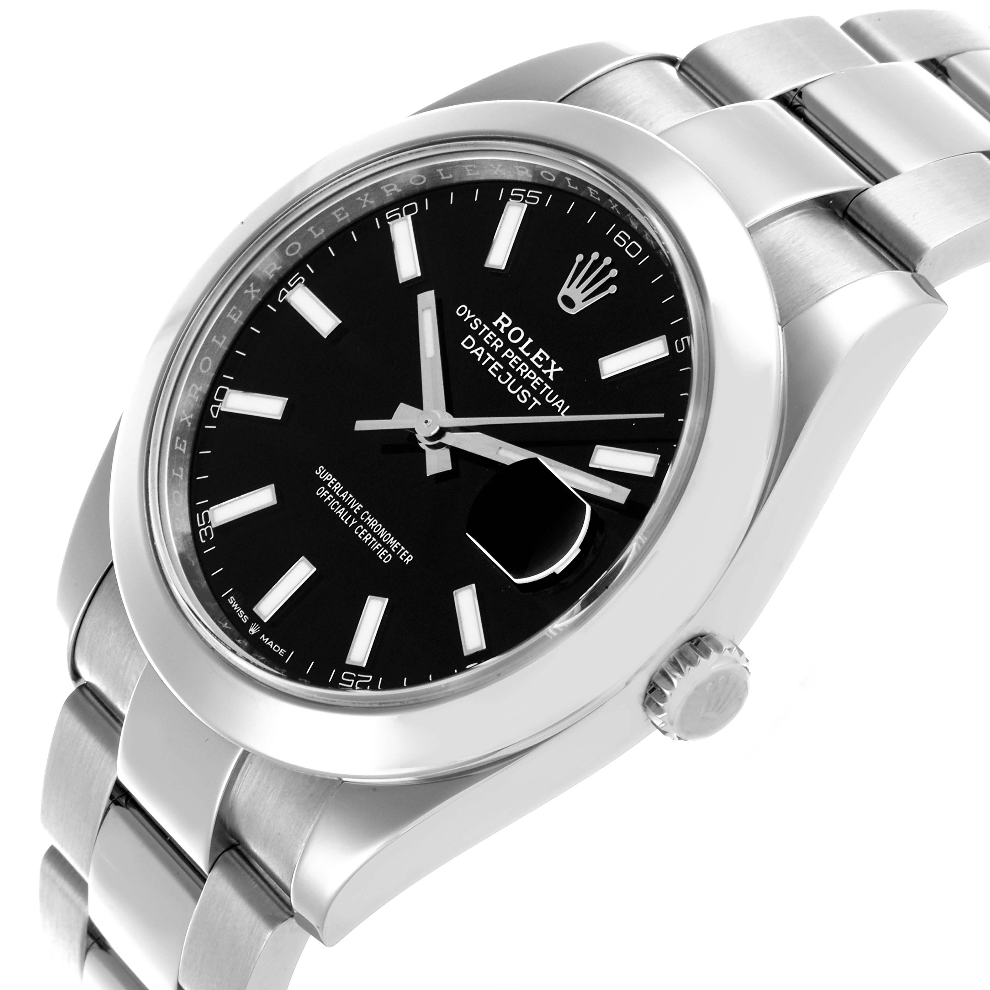 The image shows a Rolex Datejust 41 126300 Men's Stainless Steel Grey Dial 126300 Men's Stainless Steel Grey Dial from an angled side view, highlighting the black dial, bezel, bracelet, and crown.