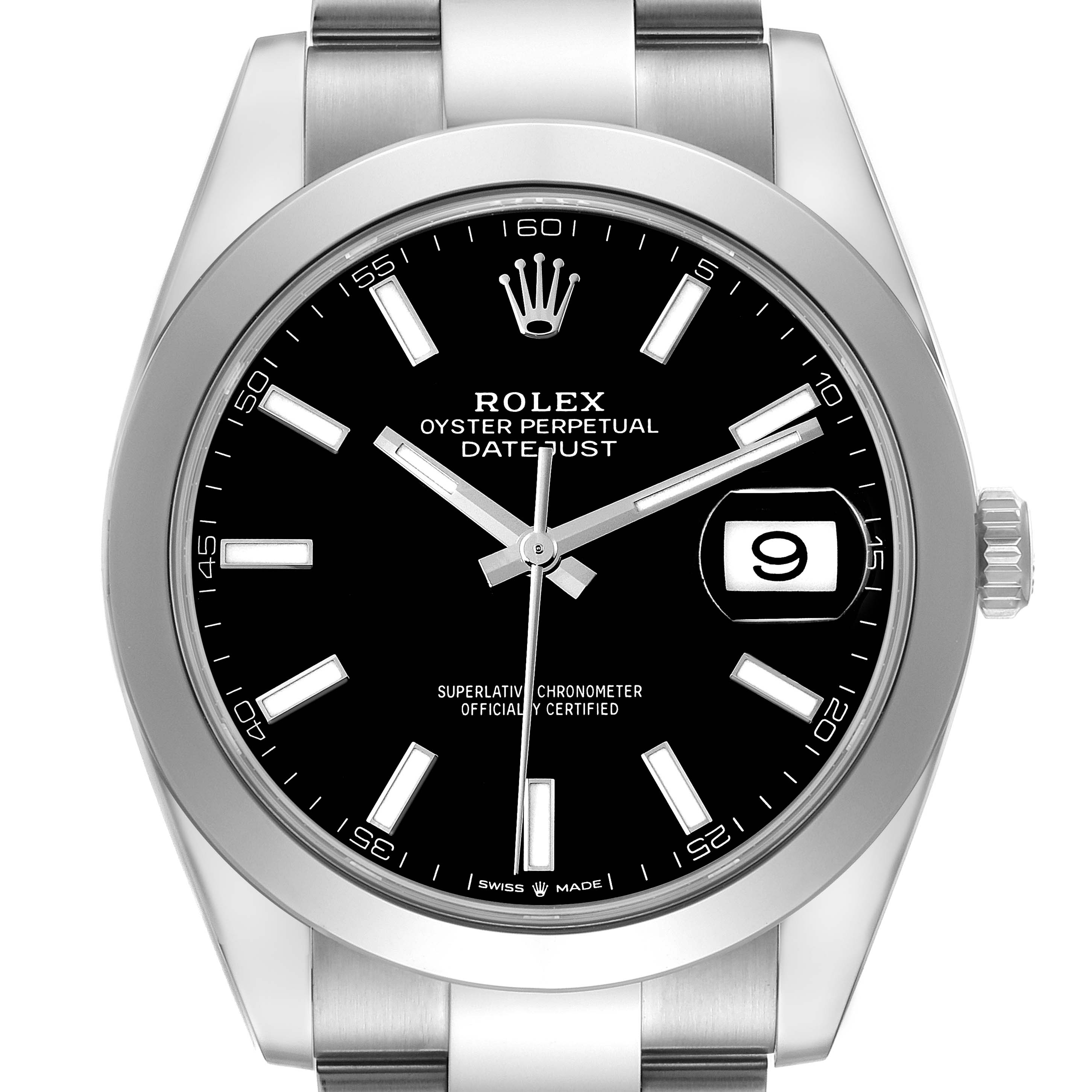 This image shows a front view of the Rolex Datejust 41 126300 Men's Stainless Steel Grey Dial 126300 Men's Stainless Steel Grey Dial, focusing on the dial, bezel, and part of the bracelet.