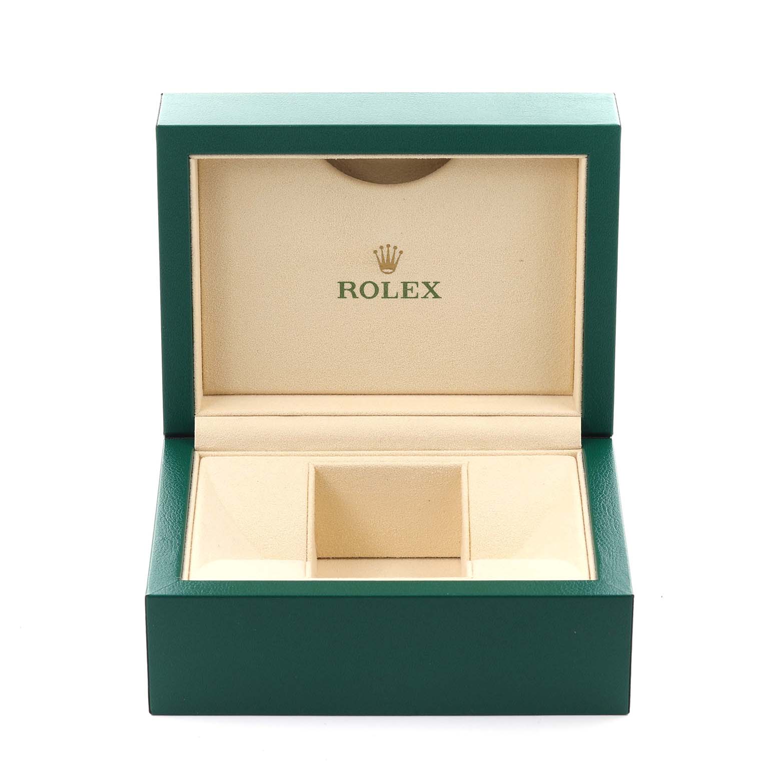 The image shows an open Rolex watch box for the Datejust 41 model, displaying its inner compartments.
