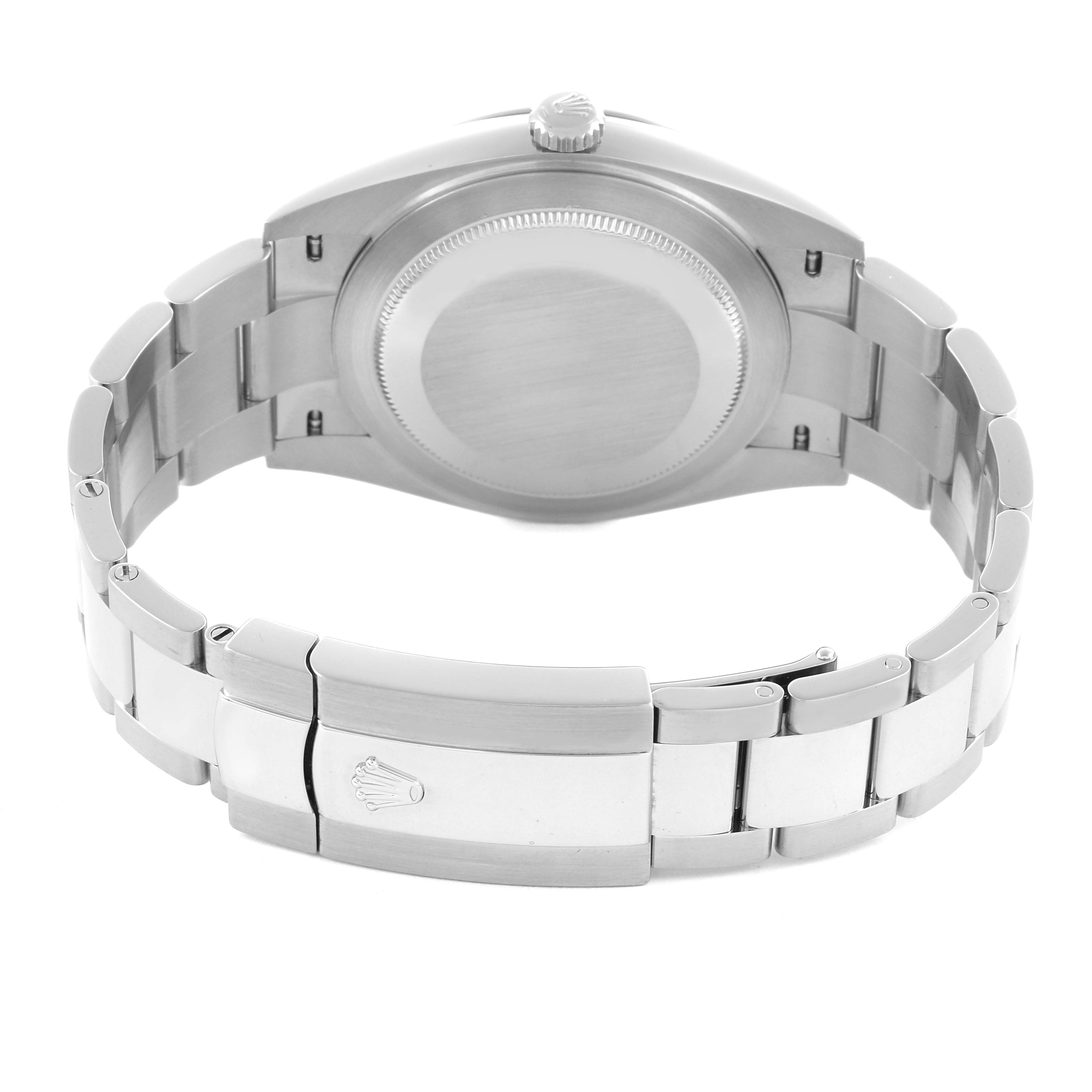 The Rolex Datejust 41 126300 Men's Stainless Steel Grey Dial 126300 Men's Stainless Steel Grey Dial is shown from the back, highlighting the case back, bracelet, and clasp.