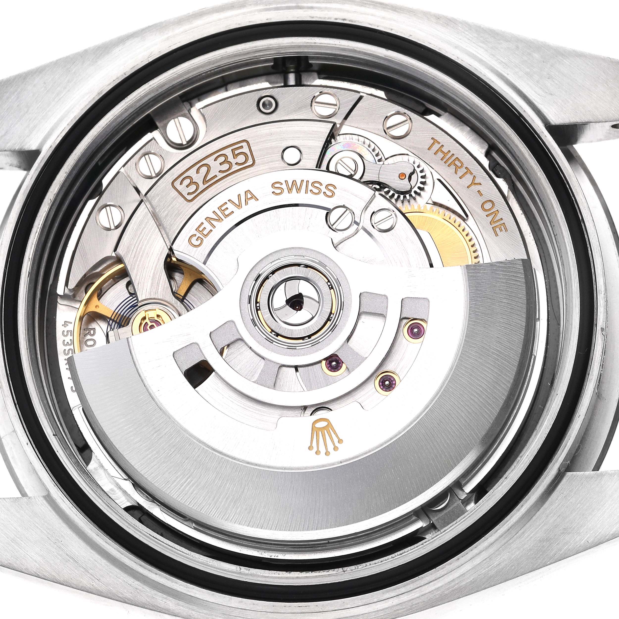 The image shows the movement of a Rolex Datejust 41 126300 Men's Stainless Steel Grey Dial 126300 Men's Stainless Steel Grey Dial from the back, highlighting its intricate internal components.