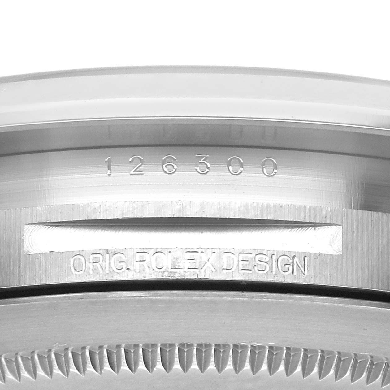 The image shows a close-up of the case side and bezel of a Rolex Datejust 41 126300 Men's Stainless Steel Grey Dial 126300 Men's Stainless Steel Grey Dial, highlighting the engravings and serrated bezel.