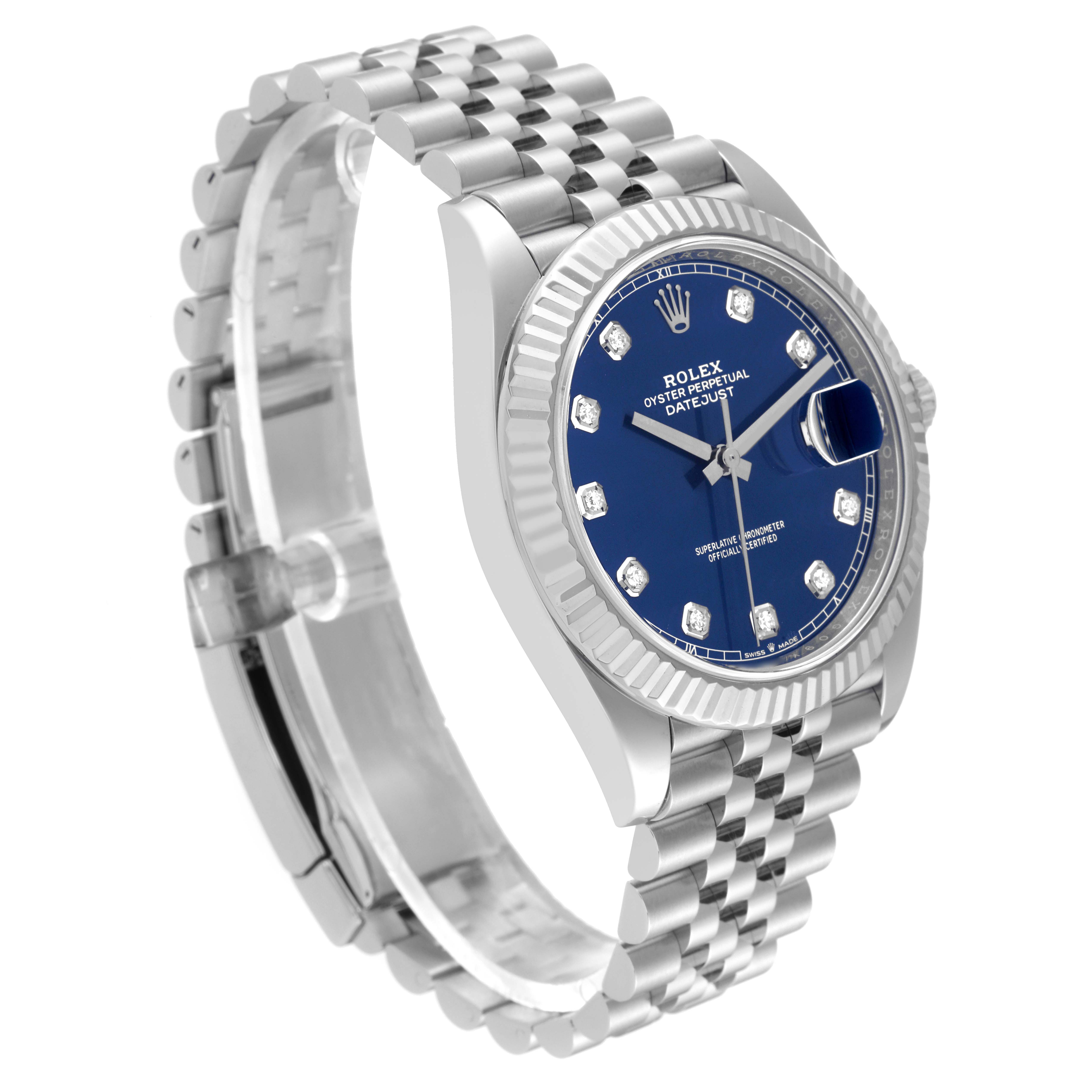 The image shows a side angle of the Rolex Datejust 41 126334 Men
s Stainless Steel Blue Dial 126334 Men
s Stainless Steel Blue Dial watch, highlighting its blue dial, fluted bezel, and Jubilee bracelet.