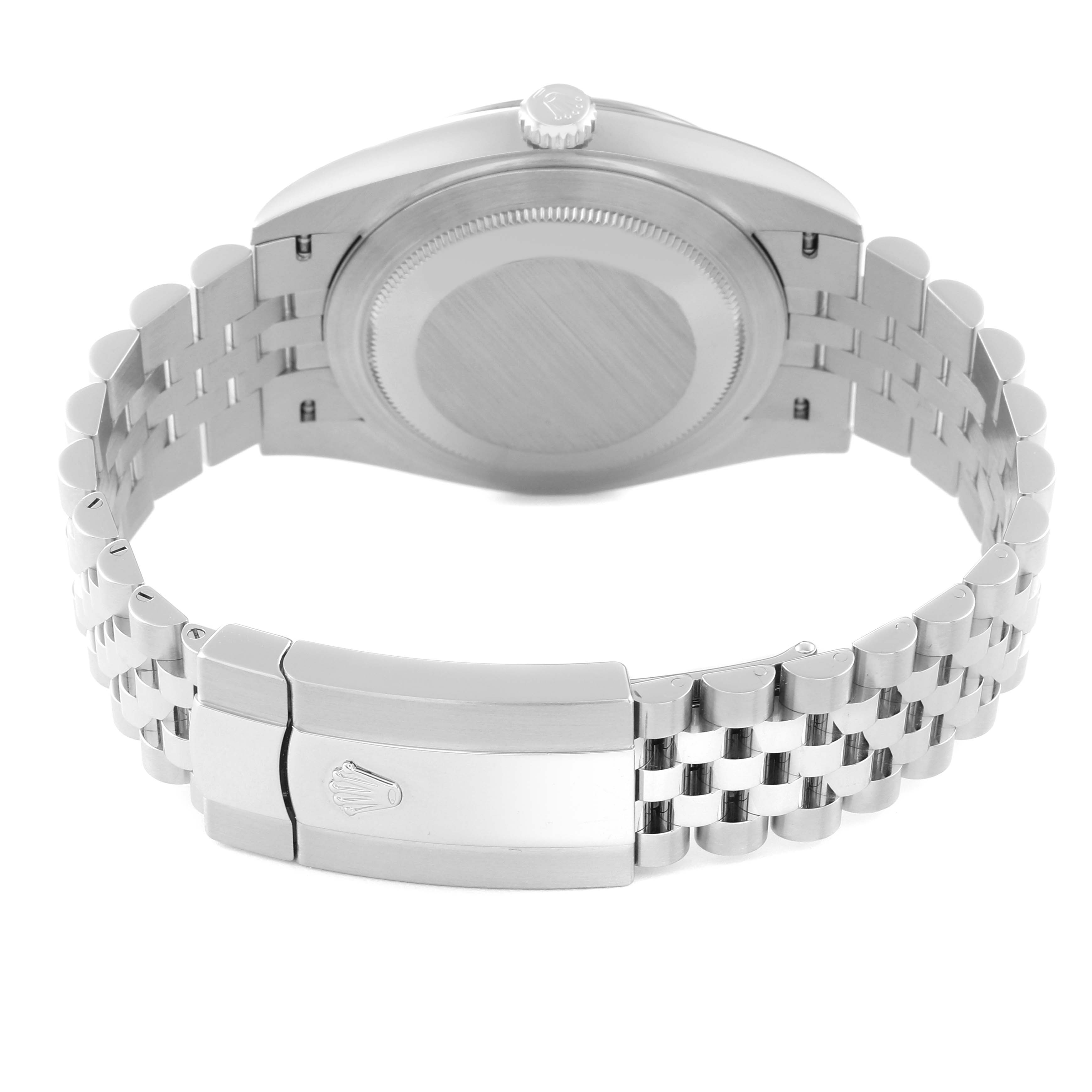 The image shows the back view of a Rolex Datejust 41 126334 Men
s Stainless Steel Blue Dial 126334 Men
s Stainless Steel Blue Dial watch with its clasp and bracelet visible.