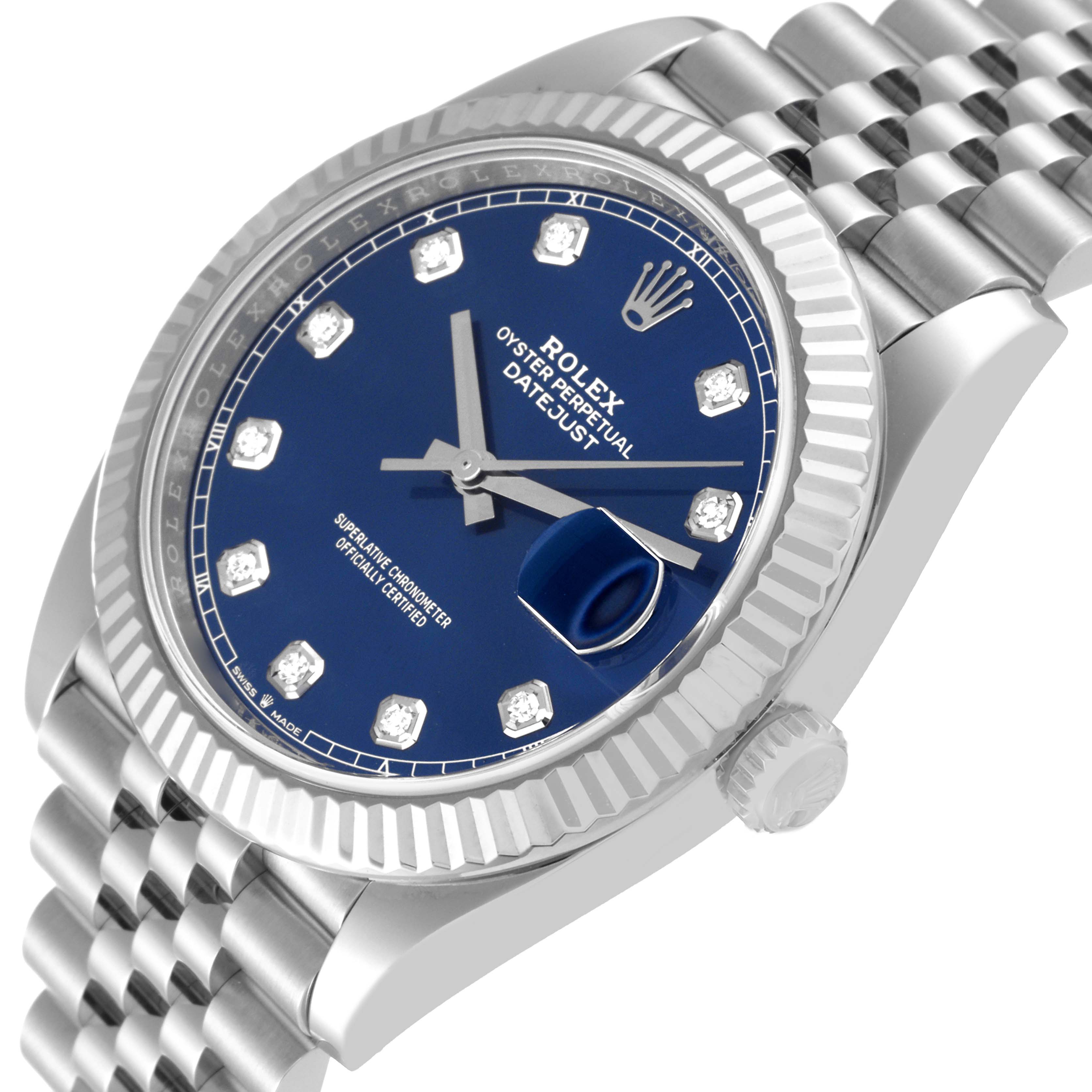 This image shows the face and part of the bracelet of the Rolex Datejust 41 126334 Men
s Stainless Steel Blue Dial 126334 Men
s Stainless Steel Blue Dial watch at an angle.