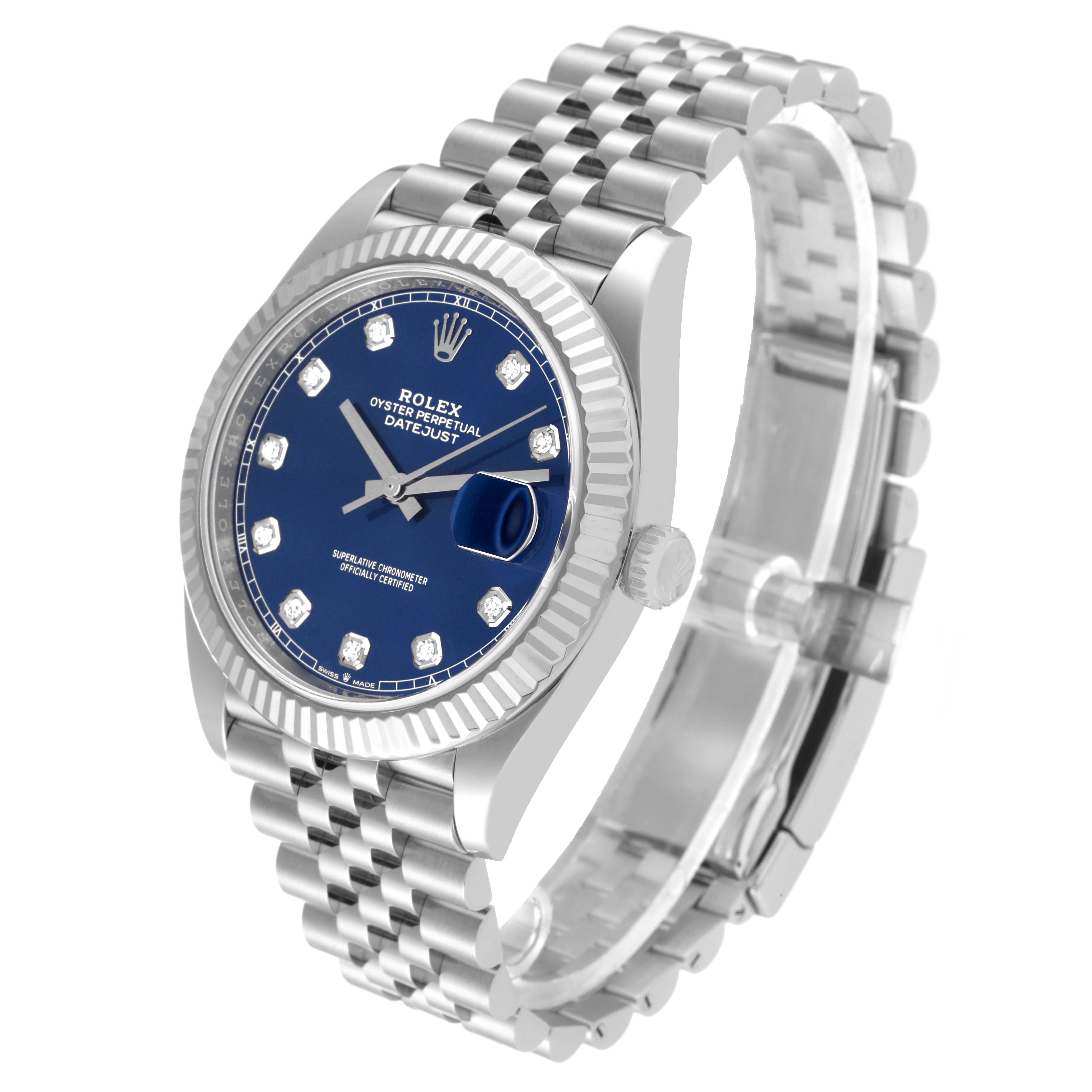 The Rolex Datejust 41 126334 Men
s Stainless Steel Blue Dial 126334 Men
s Stainless Steel Blue Dial watch is shown at a slight angle from the front, highlighting its blue dial, fluted bezel, and Jubilee bracelet.