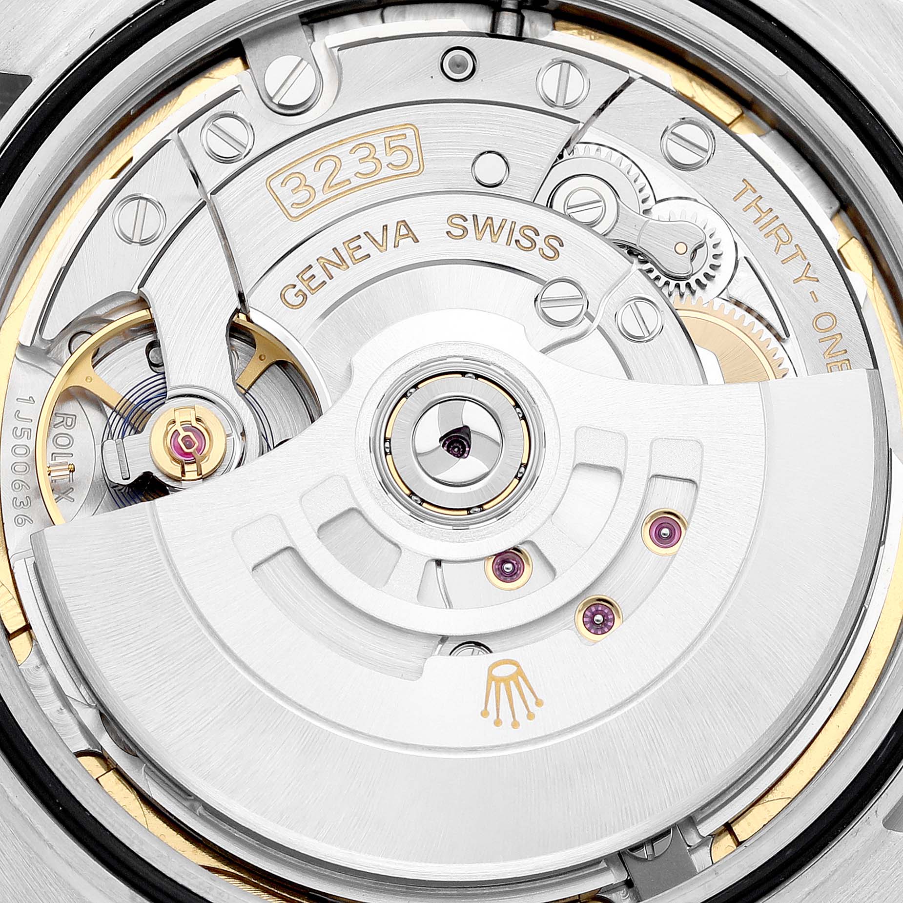 This image shows a close-up of the movement mechanism of the Rolex Datejust 41 126334 Men
s Stainless Steel Blue Dial 126334 Men
s Stainless Steel Blue Dial watch, specifically the Caliber 3235.