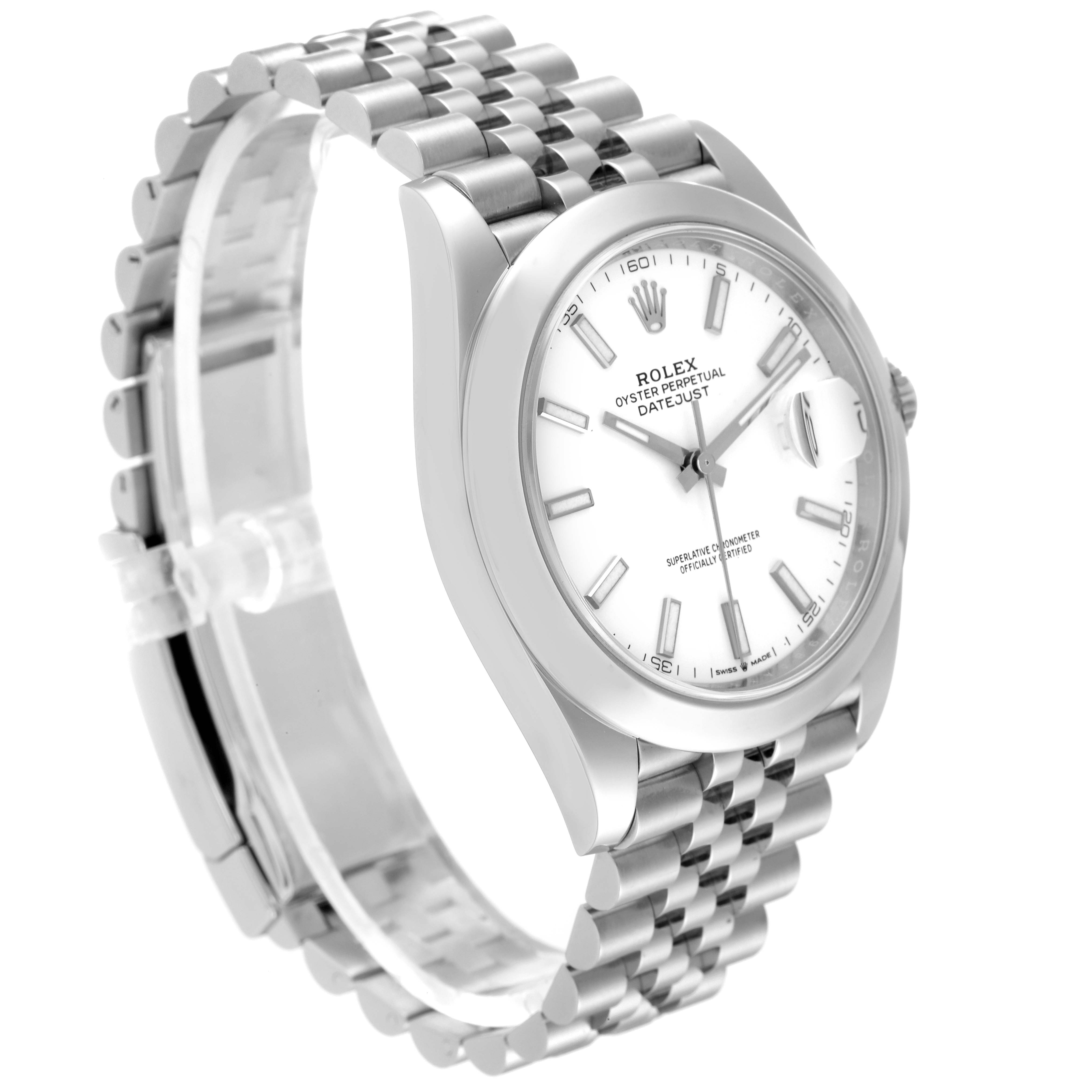 The image shows the Rolex Datejust 41 126300 Men's Stainless Steel White Dial 126300 Men's Stainless Steel White Dial watch from a front-left angle, highlighting the dial, bezel, and Jubilee bracelet.