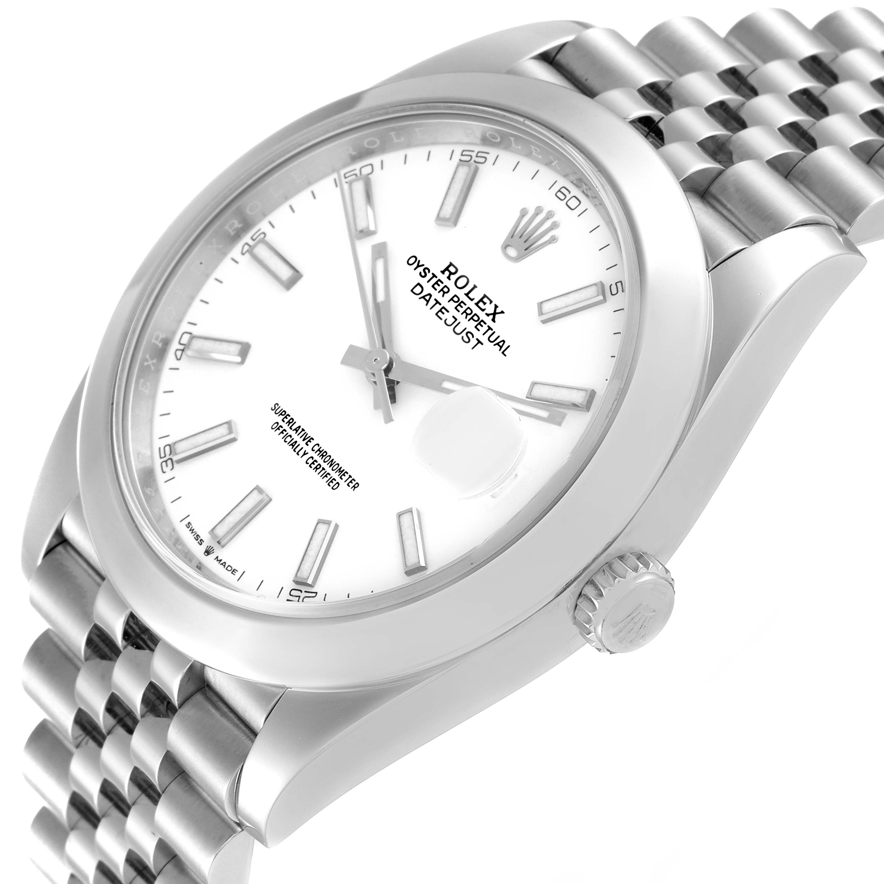 The image shows a close-up, angled view of the Rolex Datejust 41 126300 Men's Stainless Steel White Dial 126300 Men's Stainless Steel White Dial watch face, bezel, and part of its bracelet.