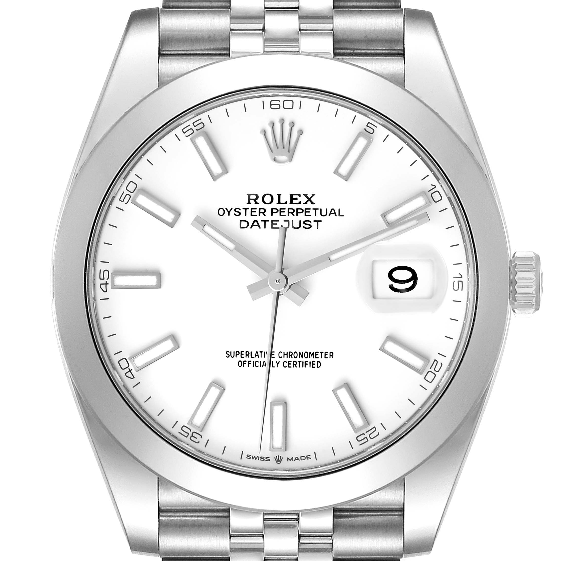 The image shows a front view of a Datejust 41 Rolex watch with a white dial, silver hands, and a date window at 3 o'clock.