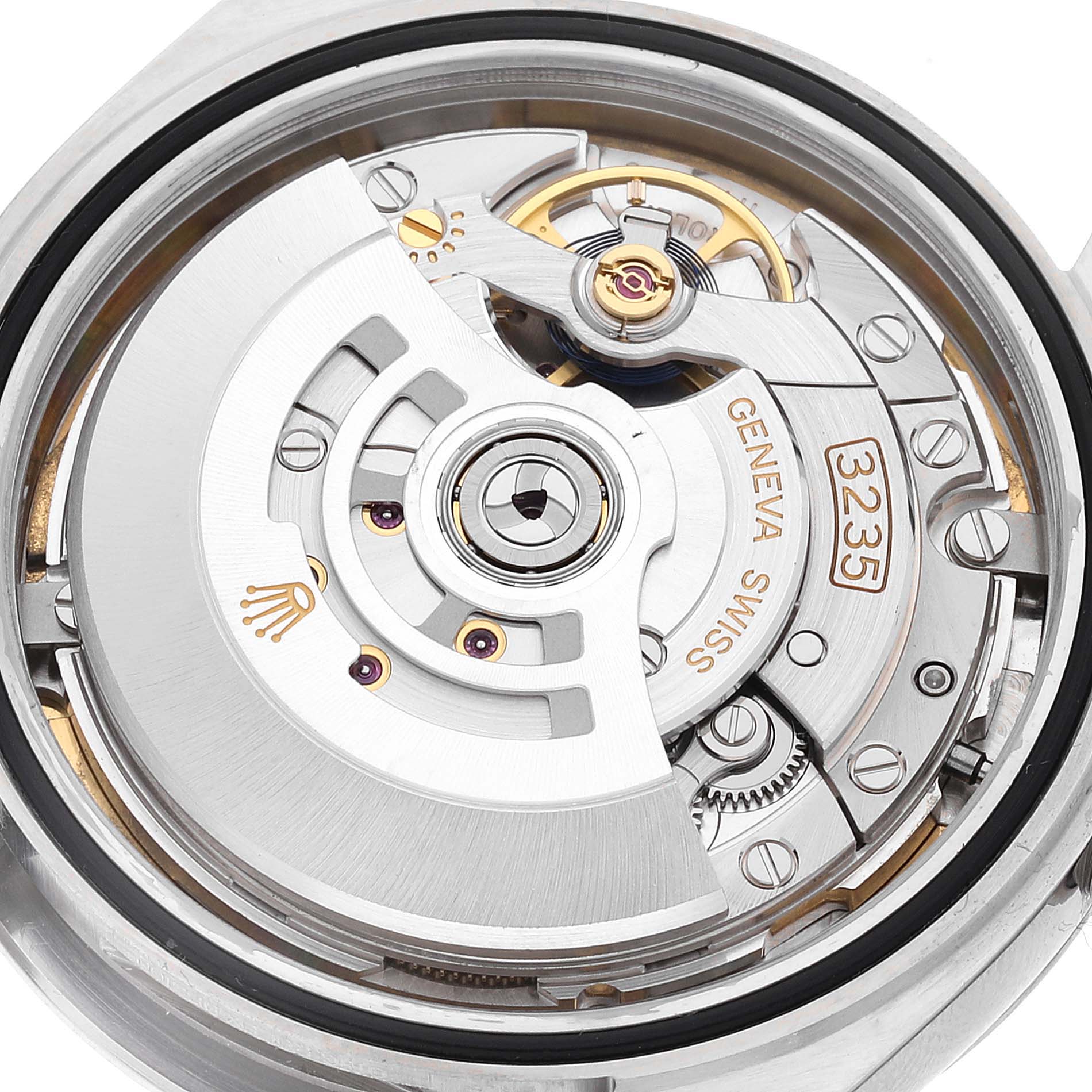 This image shows the intricate internal movement of a Rolex Datejust 41 126300 Men's Stainless Steel White Dial 126300 Men's Stainless Steel White Dial watch from a close-up angle.