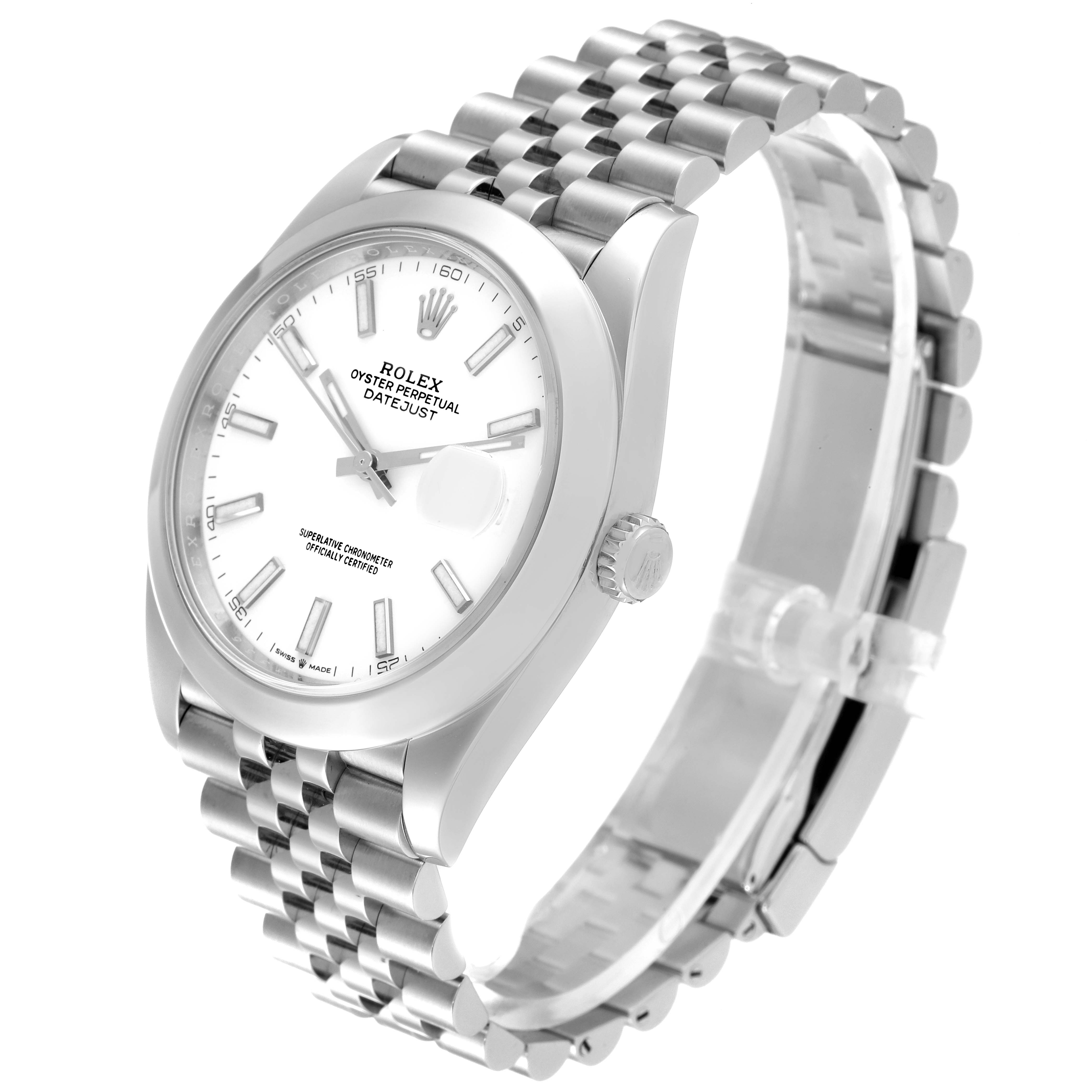 The image shows a stainless steel Rolex Datejust 41 126300 Men's Stainless Steel White Dial 126300 Men's Stainless Steel White Dial model from a three-quarter angle, highlighting the dial, crown, and bracelet.