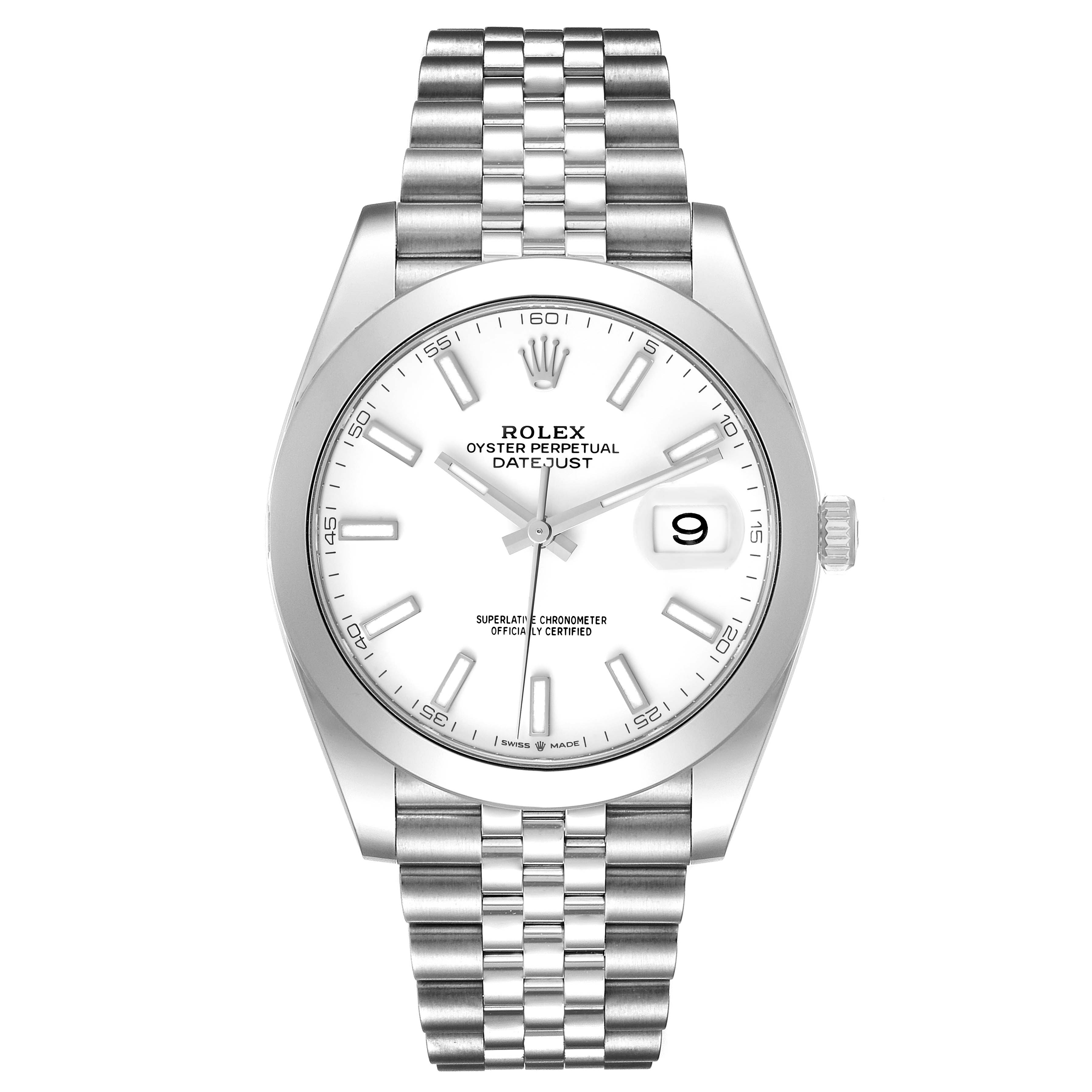 The image shows a front view of the Rolex Datejust 41 126300 Men's Stainless Steel White Dial 126300 Men's Stainless Steel White Dial watch, displaying its white dial, date window, and Jubilee bracelet.
