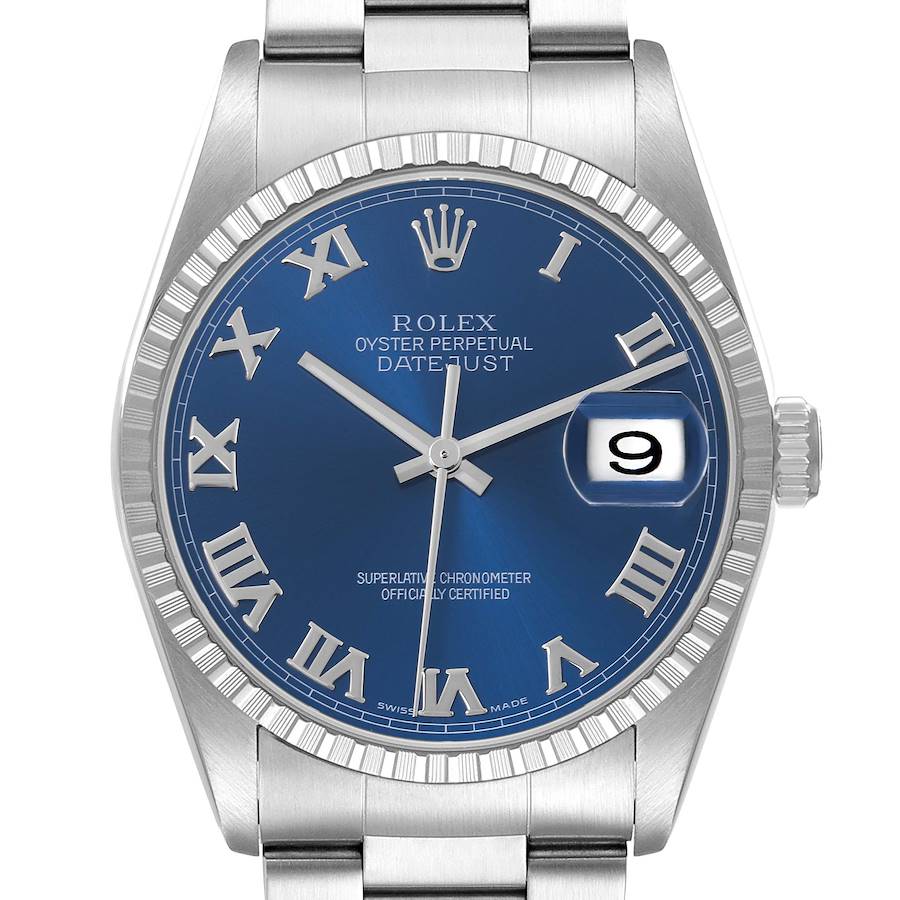 The image shows a frontal view of the Rolex Datejust watch, highlighting the blue dial, Roman numerals, and fluted bezel.