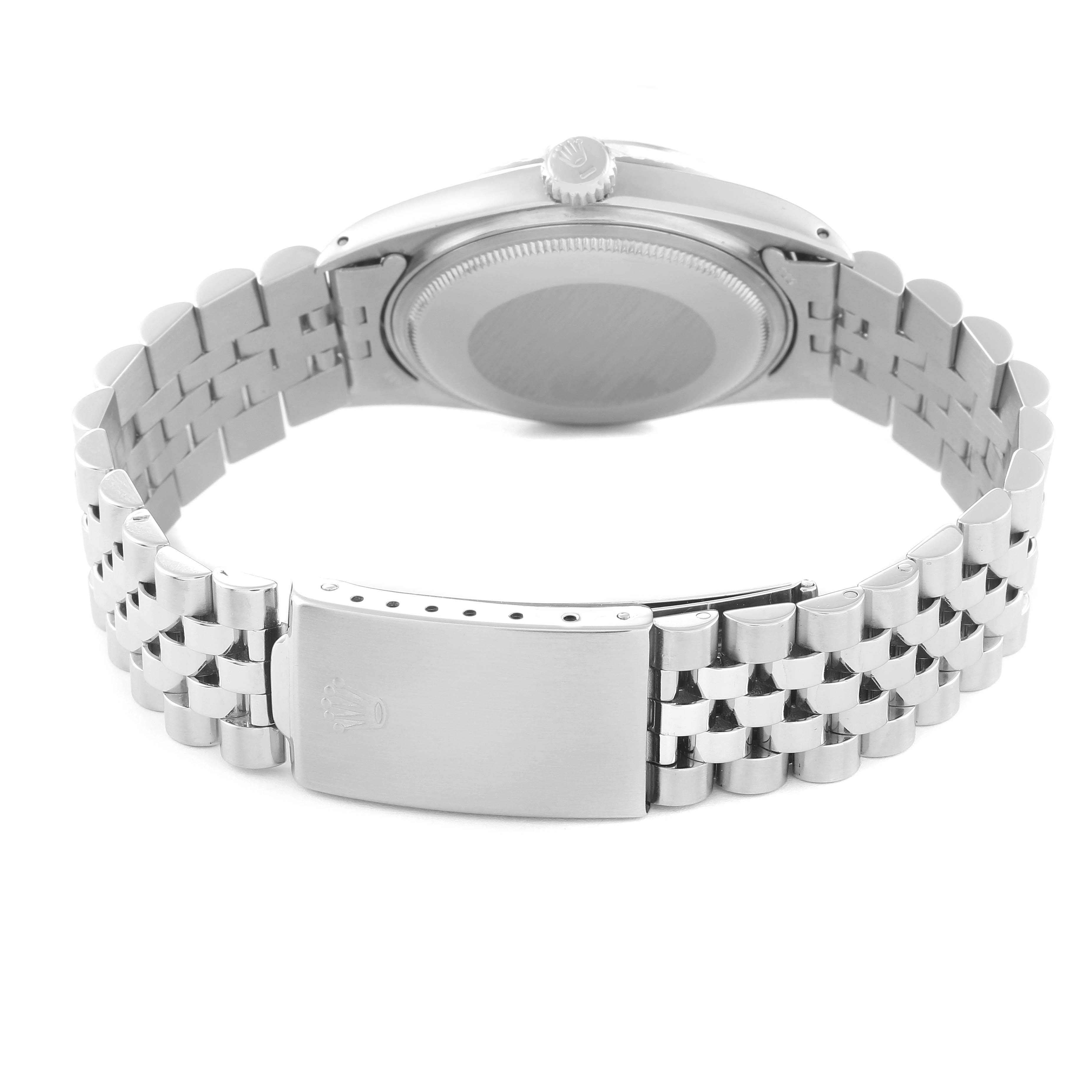 The image shows the back view of a Rolex Vintage Collection 1603 Men's Stainless Steel Blue Dial 1603 Men's Stainless Steel Blue Dial watch, highlighting its case back, crown, and metal bracelet with clasp.