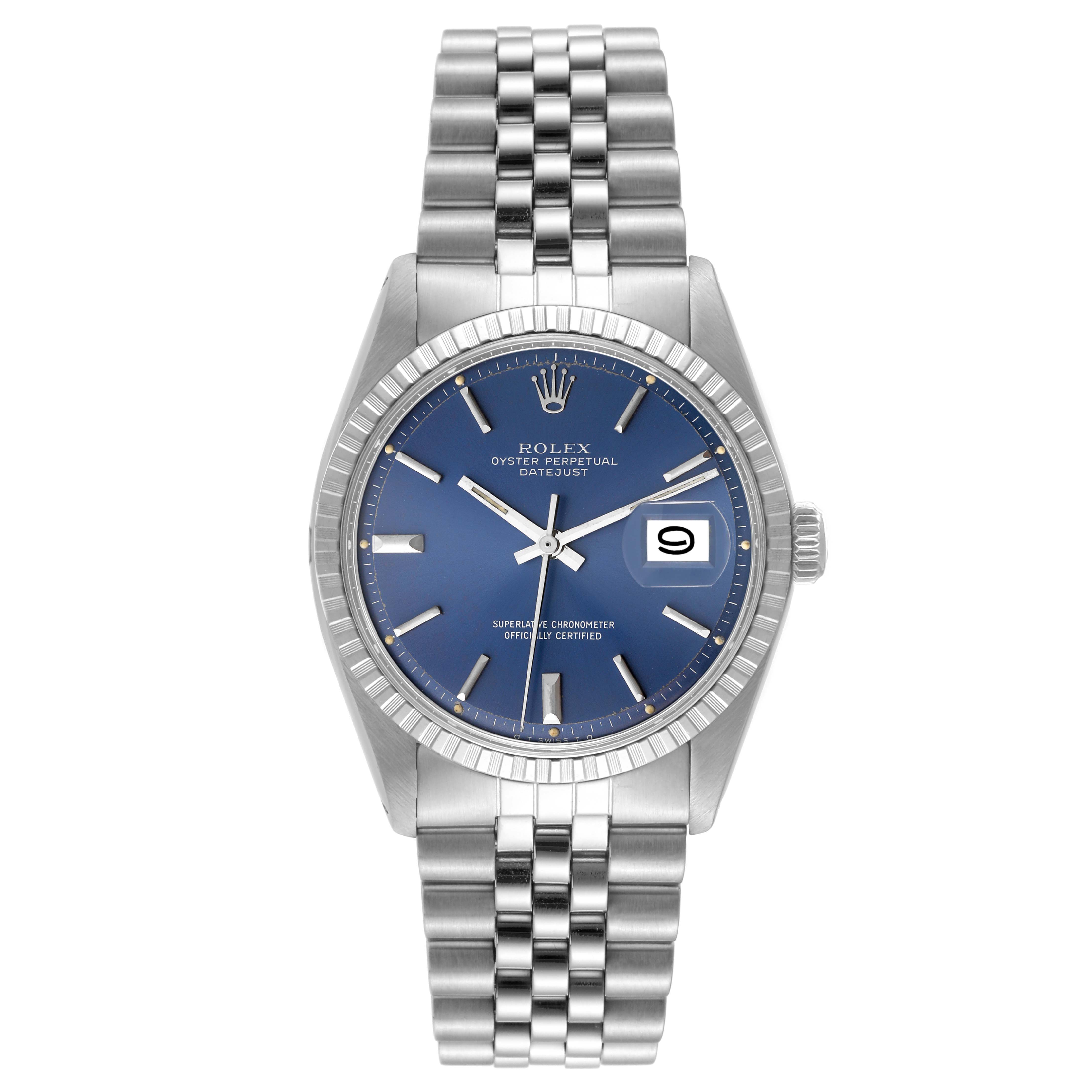 The image shows a front view of a Rolex Vintage Collection 1603 Men's Stainless Steel Blue Dial 1603 Men's Stainless Steel Blue Dial Oyster Perpetual Datejust watch with a blue dial and stainless steel strap.