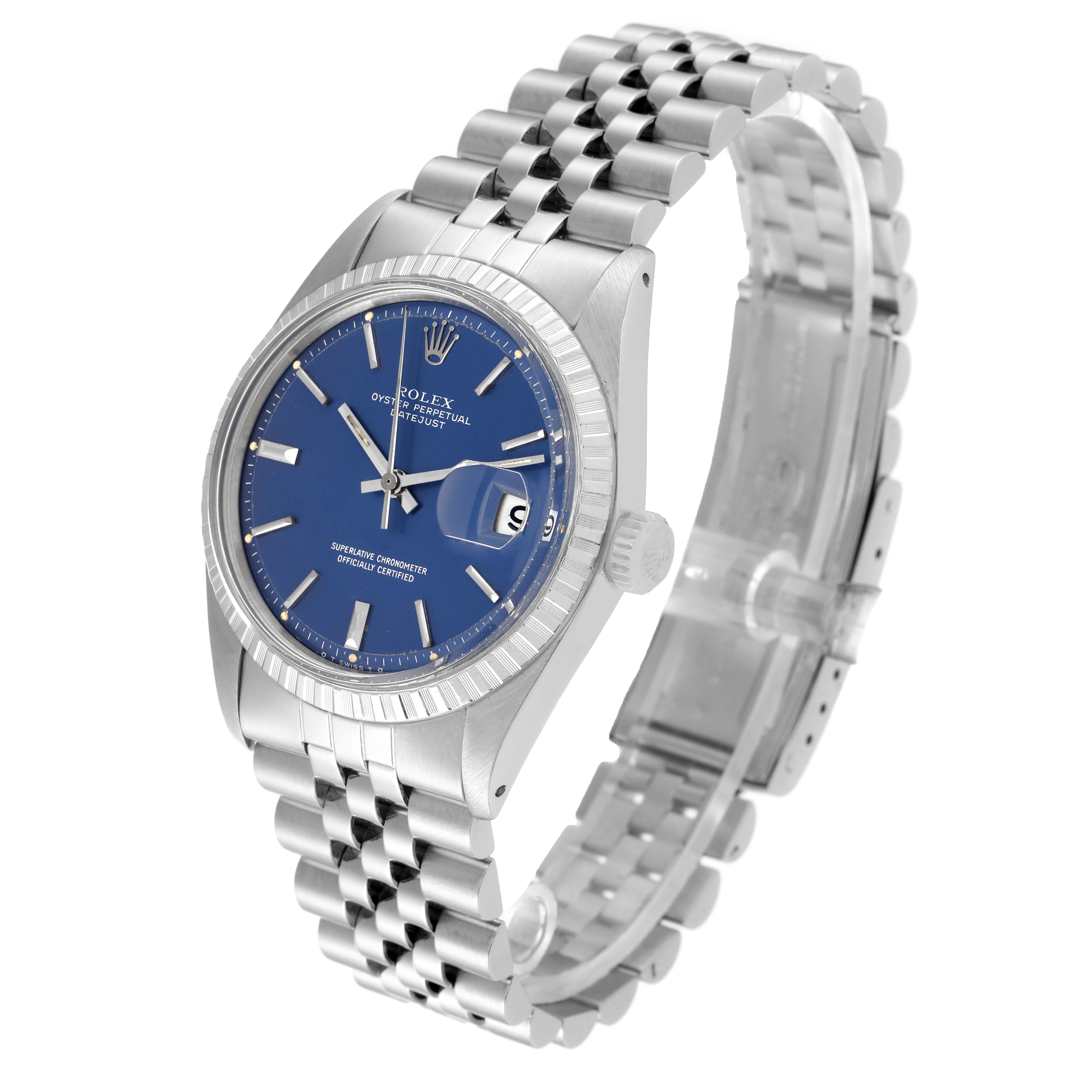 The Rolex Vintage Collection 1603 Men's Stainless Steel Blue Dial 1603 Men's Stainless Steel Blue Dial watch is shown at a three-quarter angle, highlighting the bracelet, case, and blue dial.