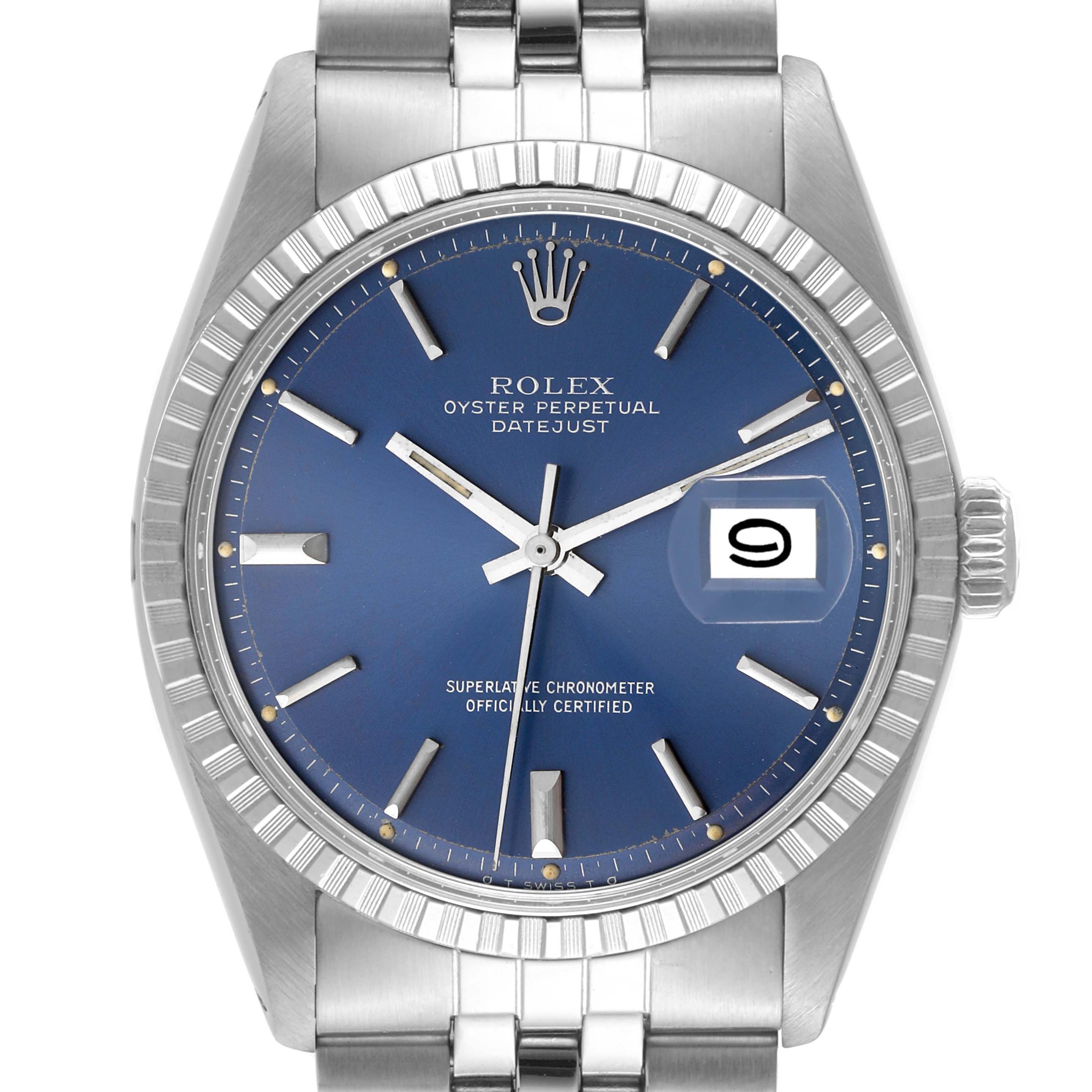 The Vintage Collection Rolex Oyster Perpetual Datejust watch is shown from a front angle, highlighting the dial, hour markers, and bracelet.