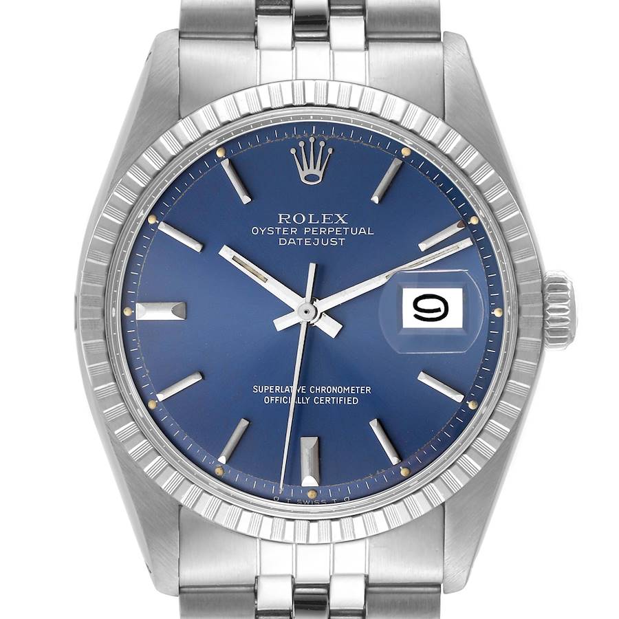 Rolex Datejust Blue Dial Engine Turned Bezel Vintage Steel Mens Watch 1603 SwissWatchExpo