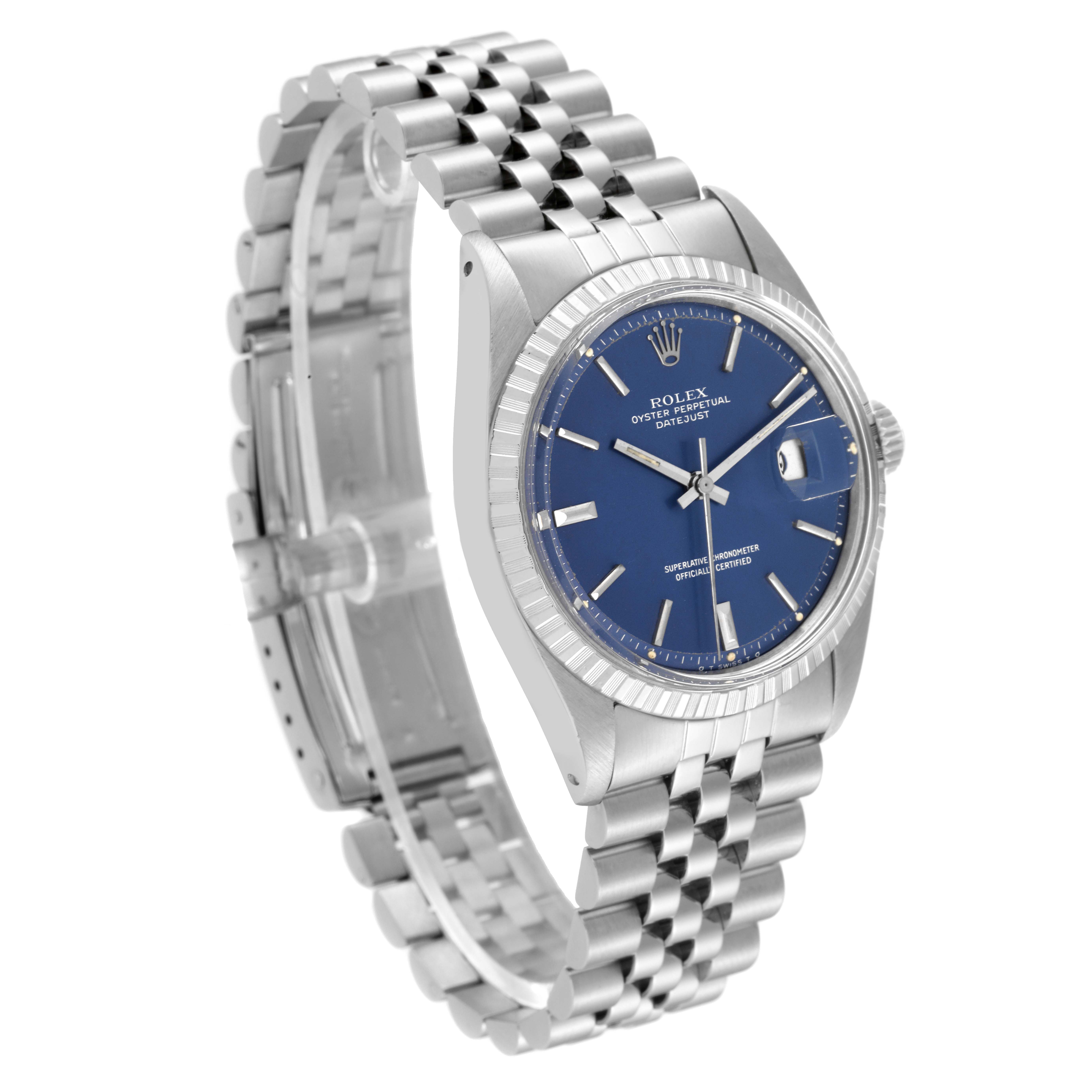 The Rolex Vintage Collection 1603 Men's Stainless Steel Blue Dial 1603 Men's Stainless Steel Blue Dial model shows a side angle, highlighting the dial, bezel, and metal bracelet.