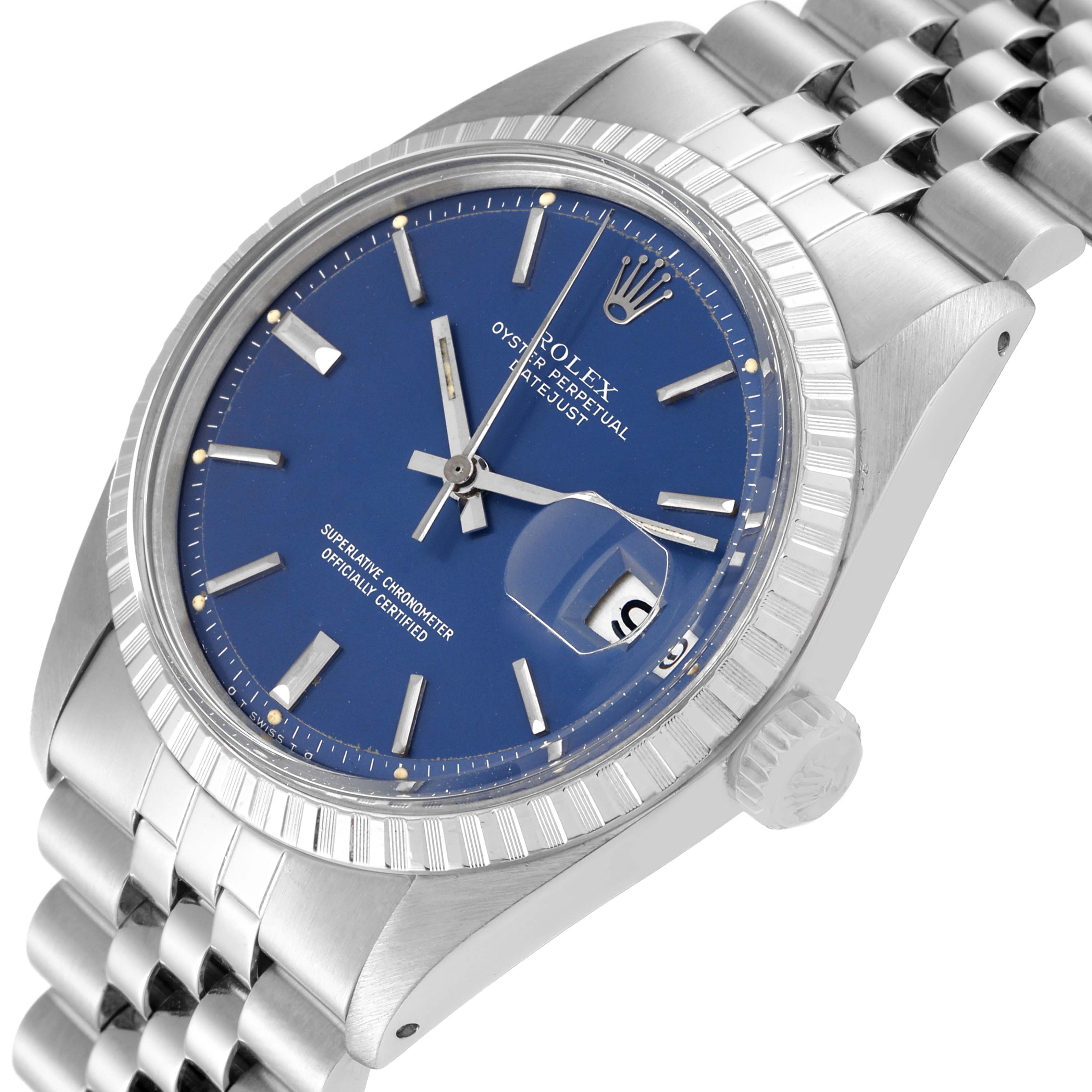 The Vintage Collection Rolex watch model is shown at an angled top view, displaying its blue dial, date window, and stainless steel bracelet.
