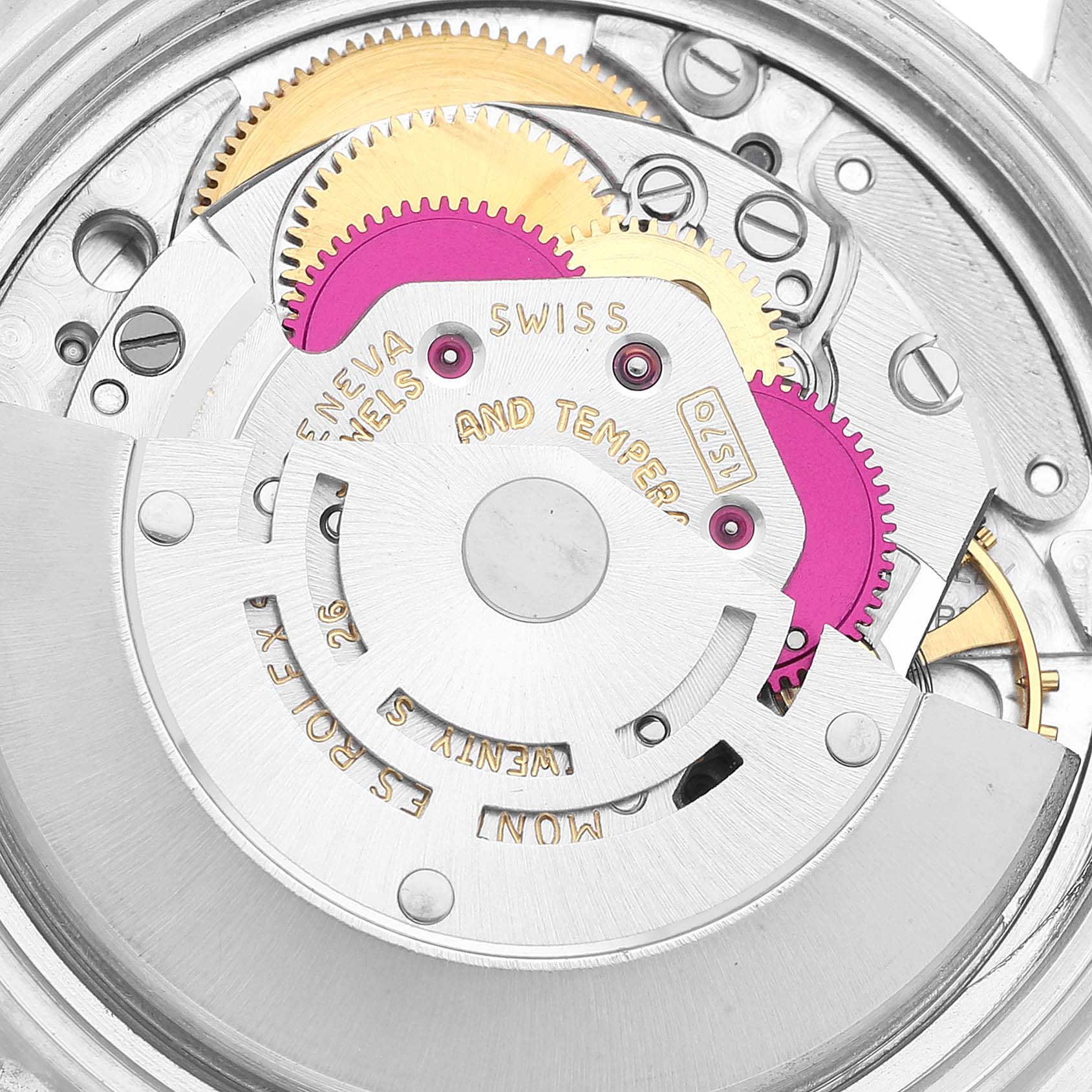 The image shows the inner mechanical parts of the Rolex Vintage Collection 1603 Men's Stainless Steel Blue Dial 1603 Men's Stainless Steel Blue Dial watch from a top-down angle, including gears and inscriptions.