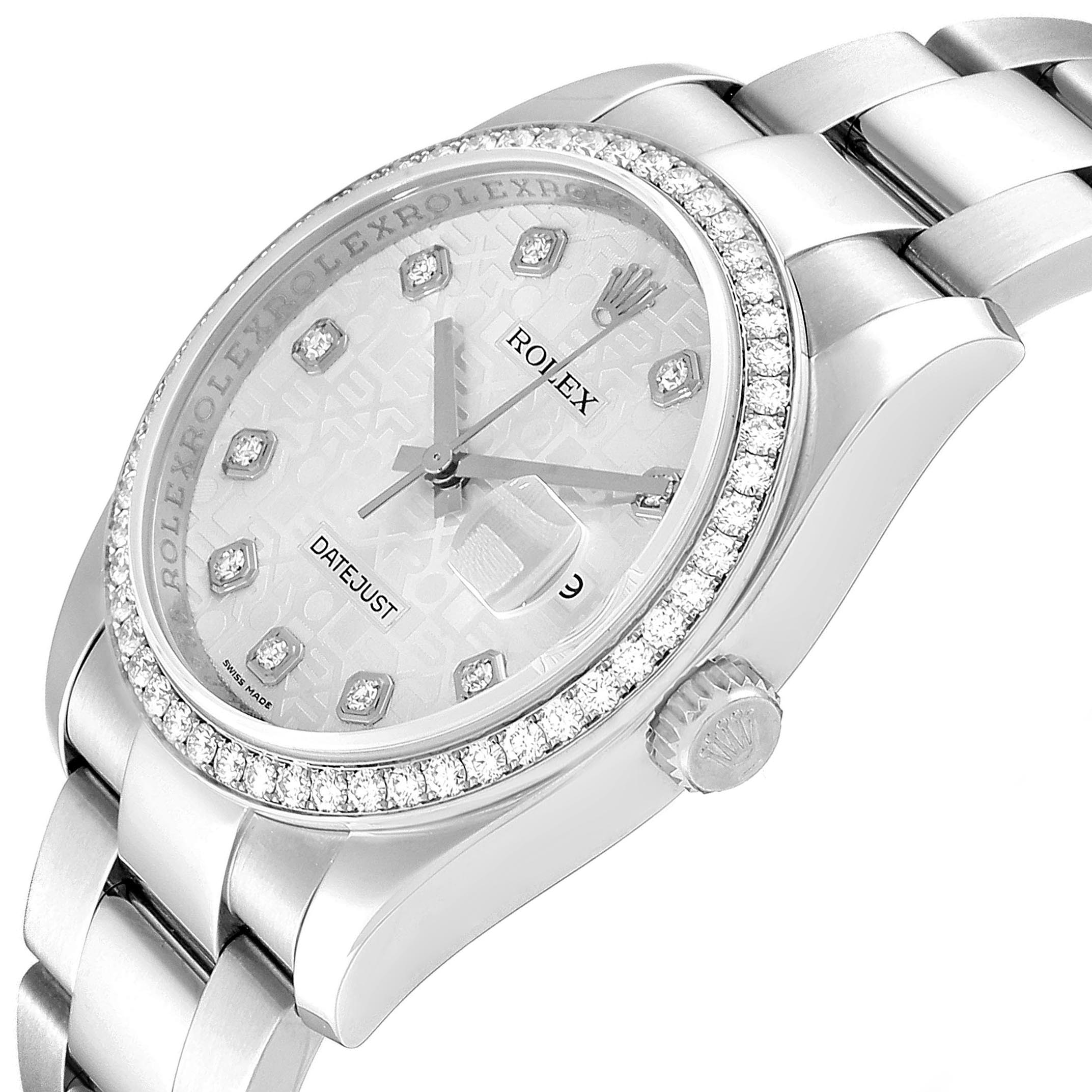 The image shows a Rolex Datejust 116244 Men's Stainless Steel Silver Dial 116244 Men's Stainless Steel Silver Dial watch at an angled view, highlighting the face, bezel, and part of the bracelet.